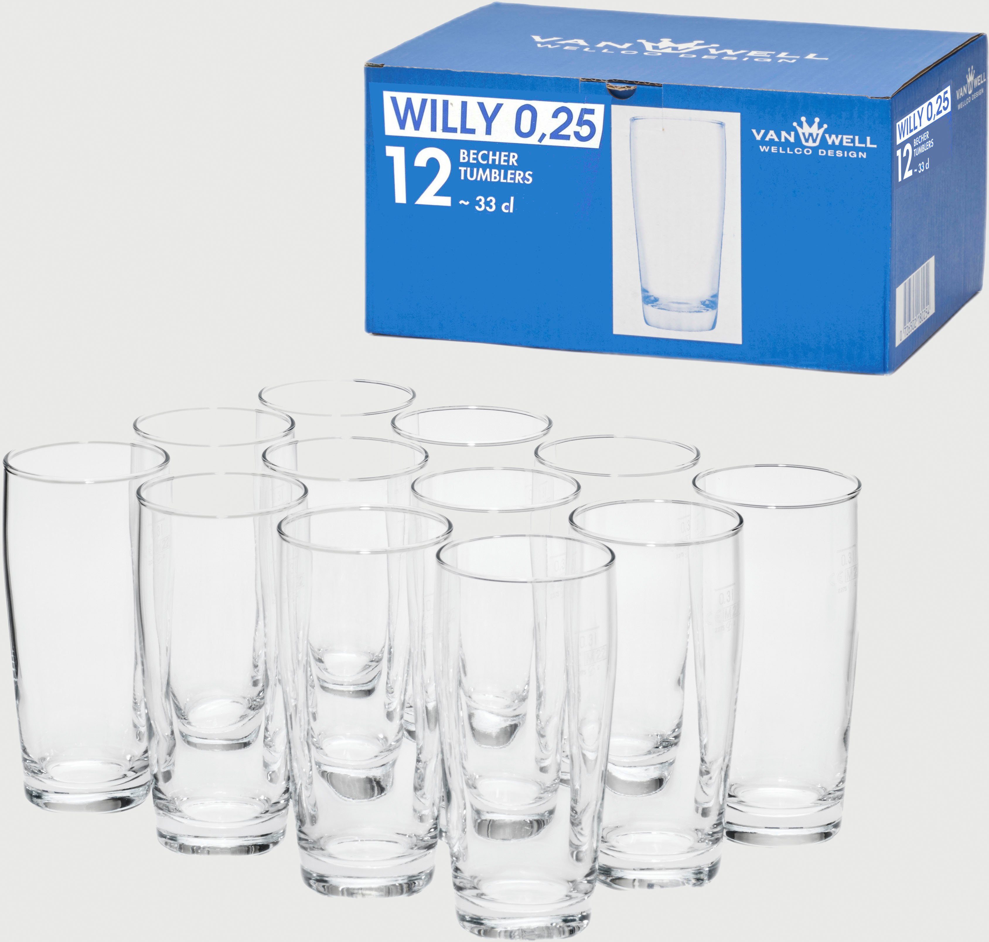 van Well Bierglas Willybecher 0,25 l, gekalibreerd, vaatwasmachinebestendig, horeca kwaliteit, 12-delig. (set, 12-delig)