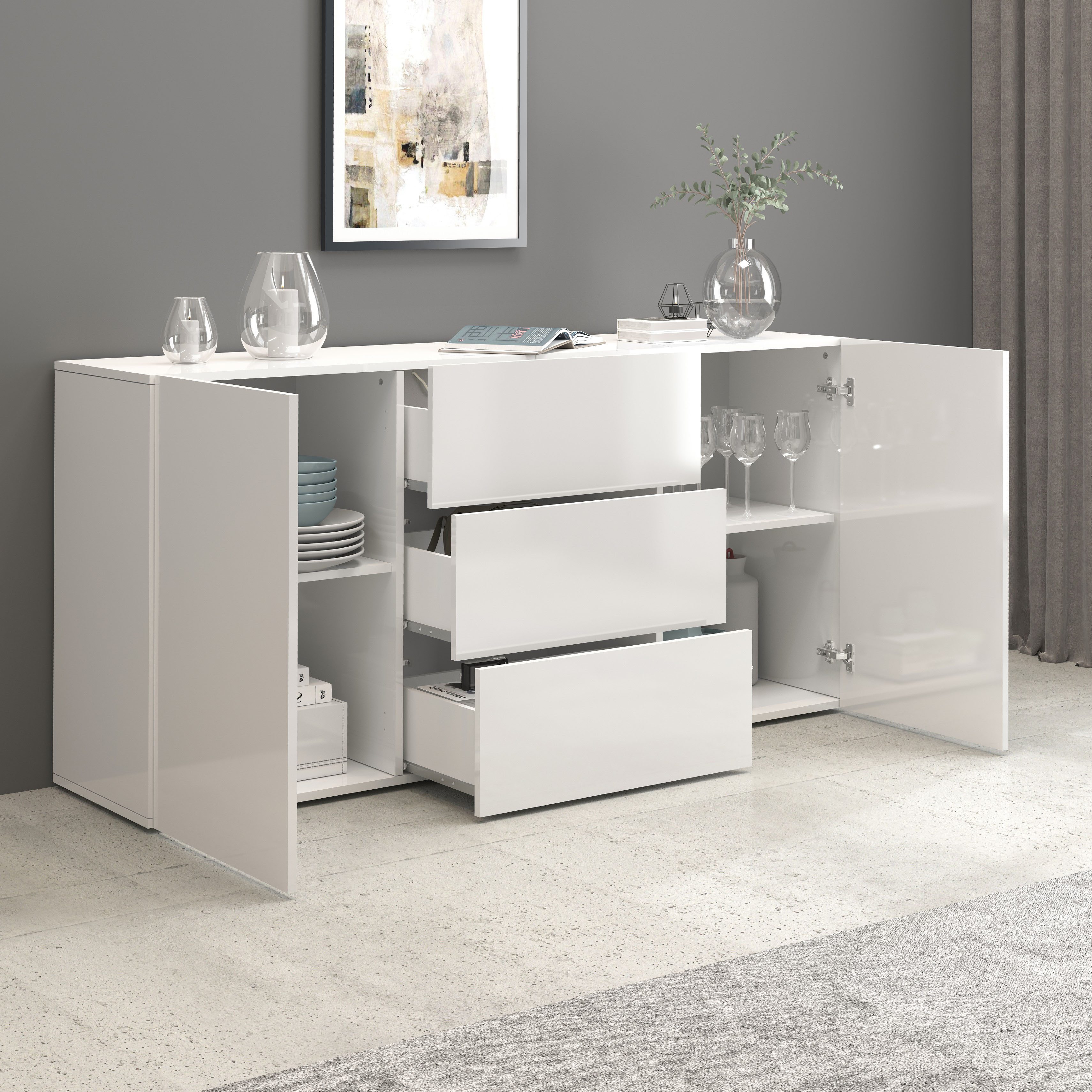 INOSIGN Dressoir Egypt, Ladekast, Kast, Buffet, greeploos 2 deuren, 3 lades, volledig hoogglans gelakt breedte 160