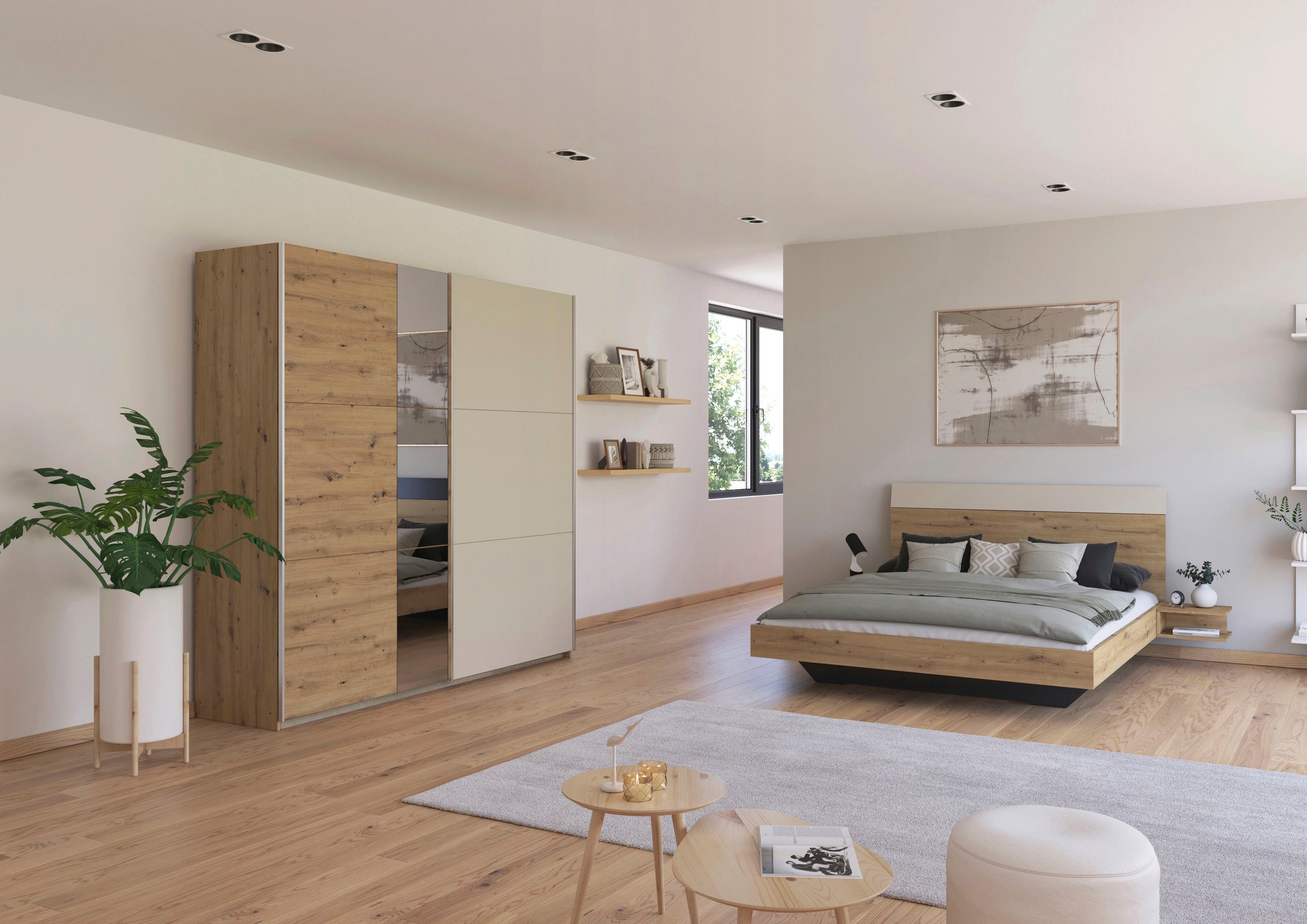 rauch Slaapkamerserie Monza met schuifdeurkast breedte 218 cm, bedcombinatie in 2 breedtes