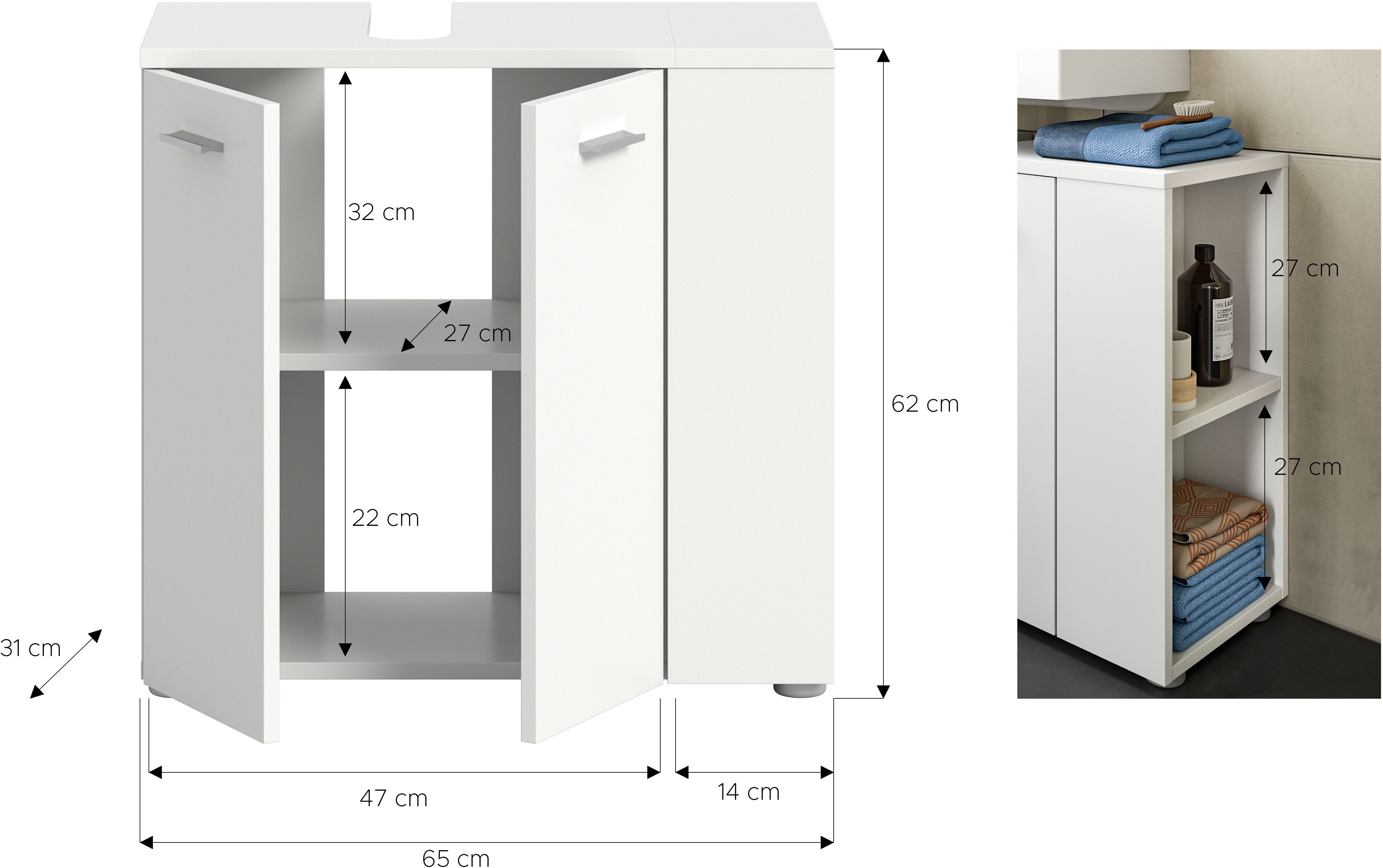 welltime Wastafelonderkast Breedte 65cm, met zijrek, 2 deuren, 4 vakken Wastafel, onderkast, kast, badkast, badkamerkast