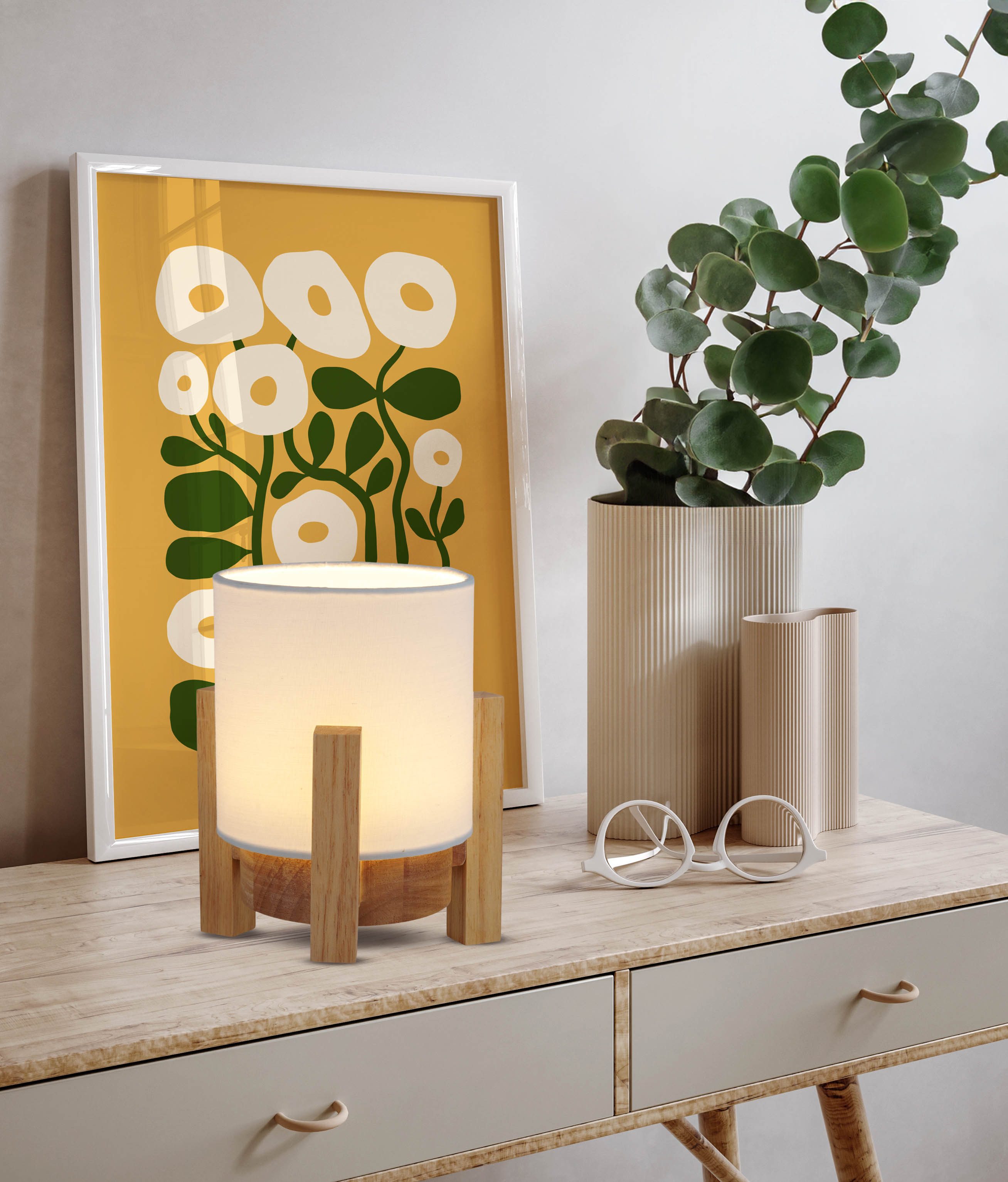 näve Led-tafellamp Matida Accu-werking, incl. USB-C-kabel, houten frame, textielscherm, dimbaar (1 stuk)