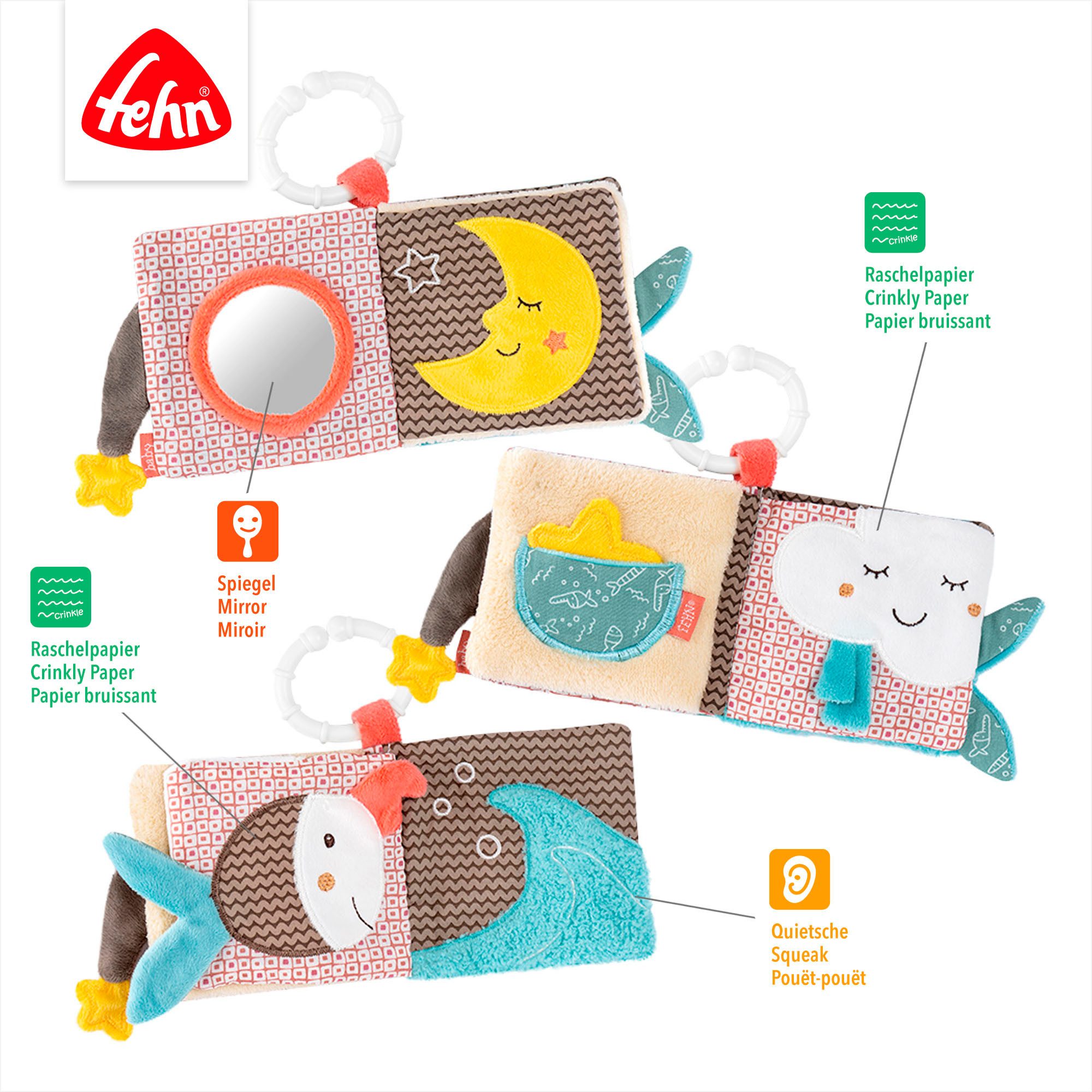 Fehn Grijpspeeltje Bruno, stoffen boek met ring ter bevestiging aan kinderwagen, babyzitje of bed