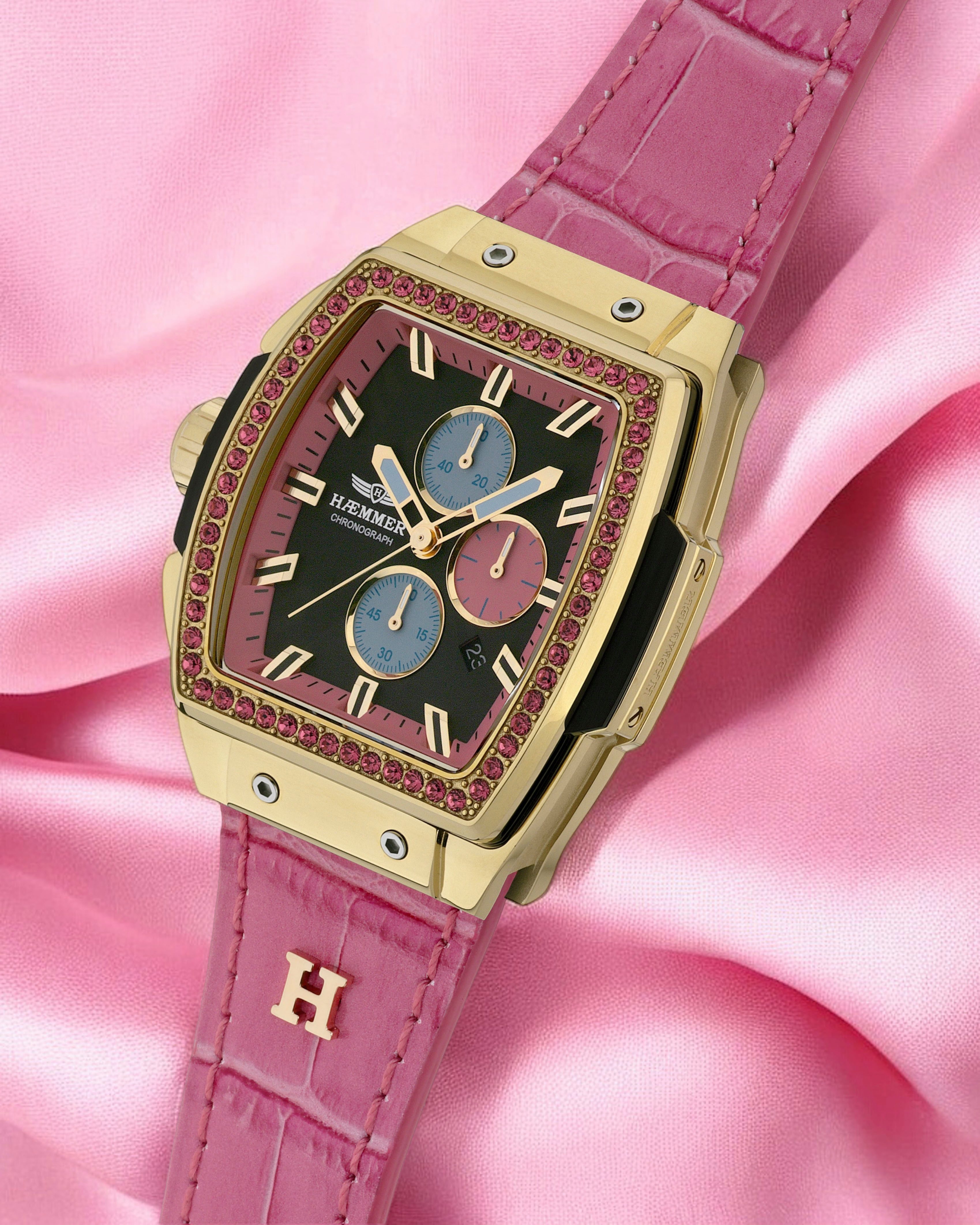 HAEMMER GERMANY Chronograaf TONNEAU Quartz horloge, polshorloge, dameshorloge, leren band, geschroefde kroon, datum