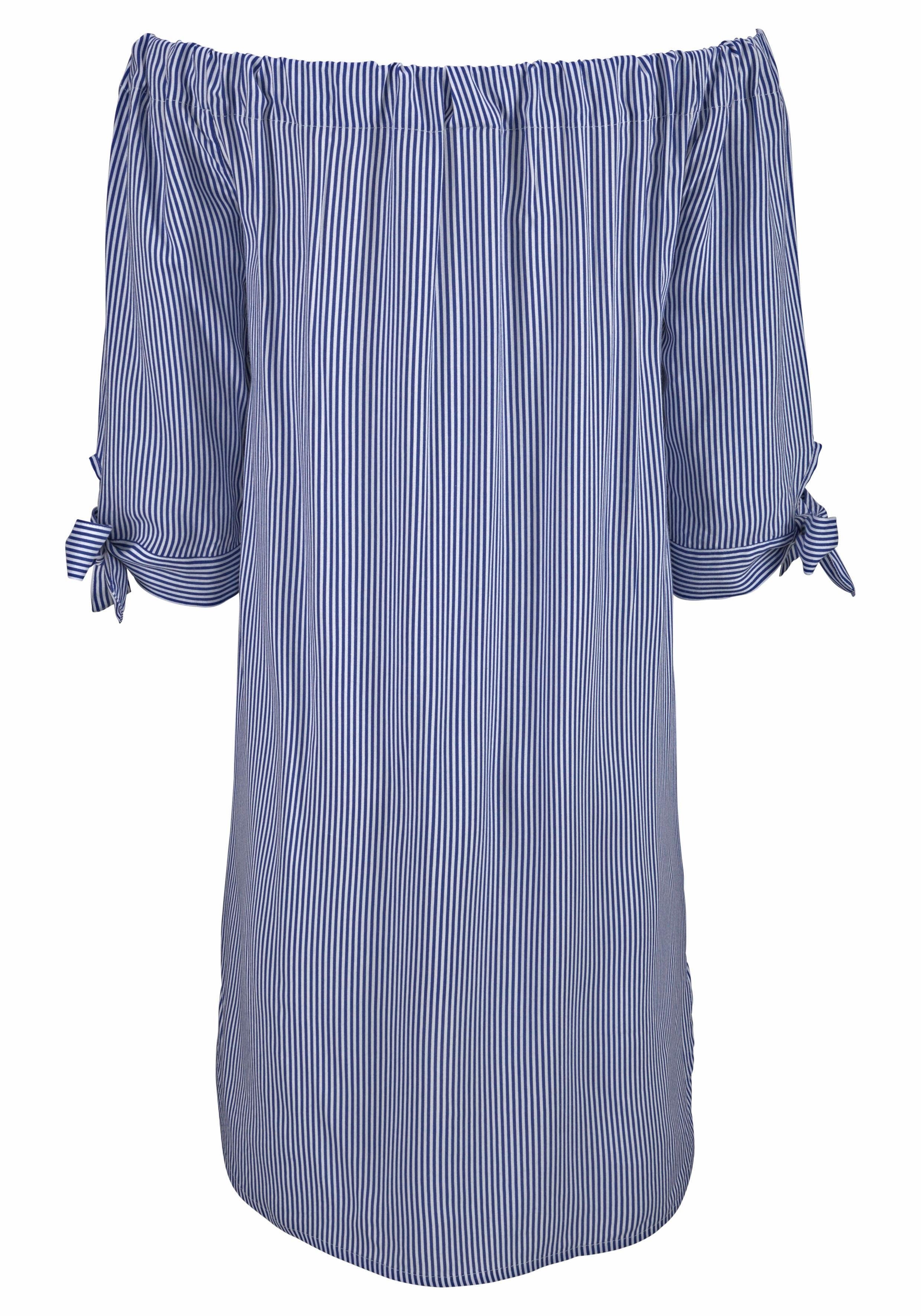 Lascana Blousejurk met gestreepte print en carmen halslijn, zomerjurk, strandjurk