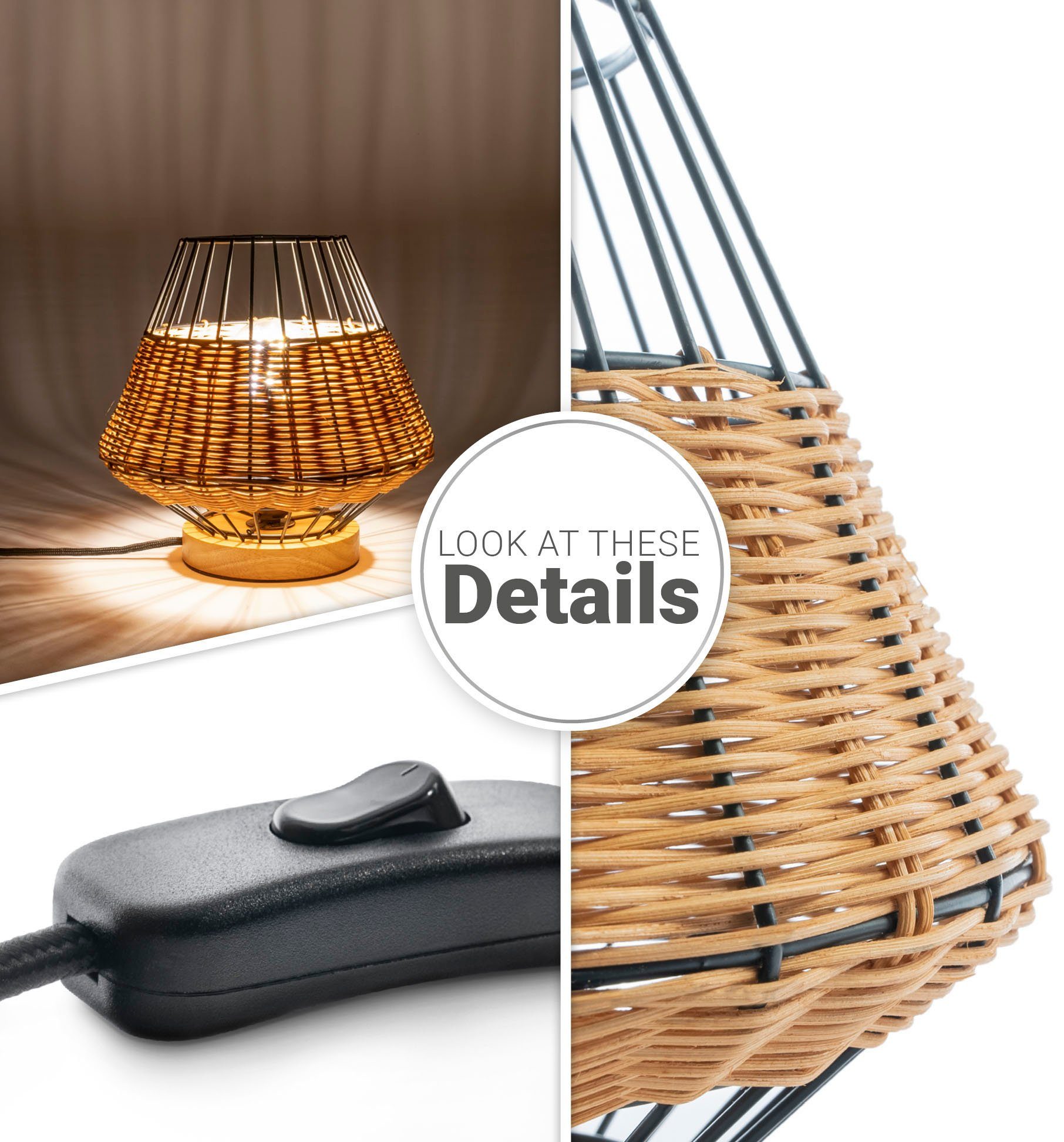 Paco Home Tafellamp Punto Rattan LED kooi lamp Boho stijl nacht rustiek hout E27