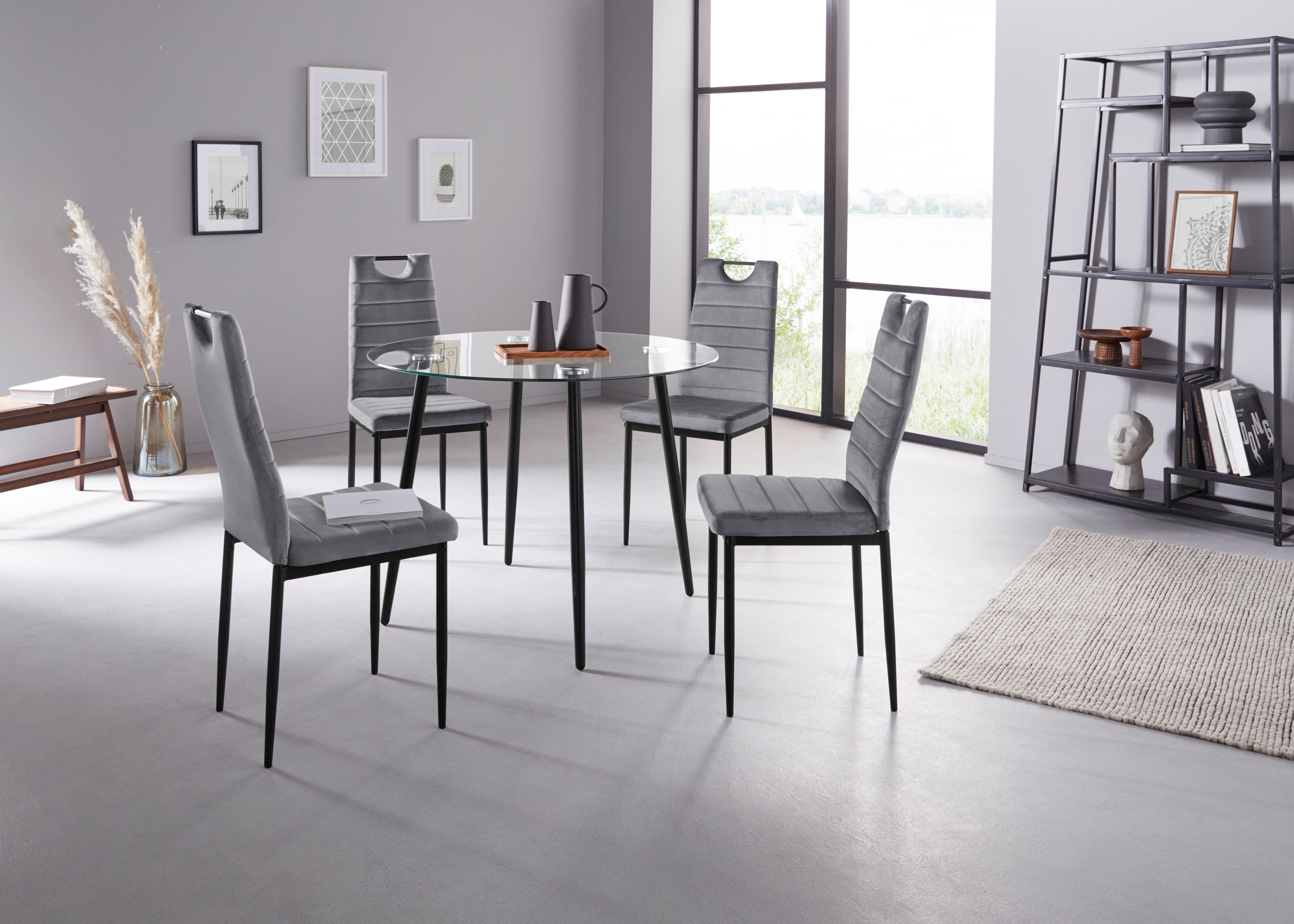 INOSIGN Eethoek ronde glazen tafel, ø 100 cm en 4 eetkamerstoelen, bekleding van fluweel (set,...