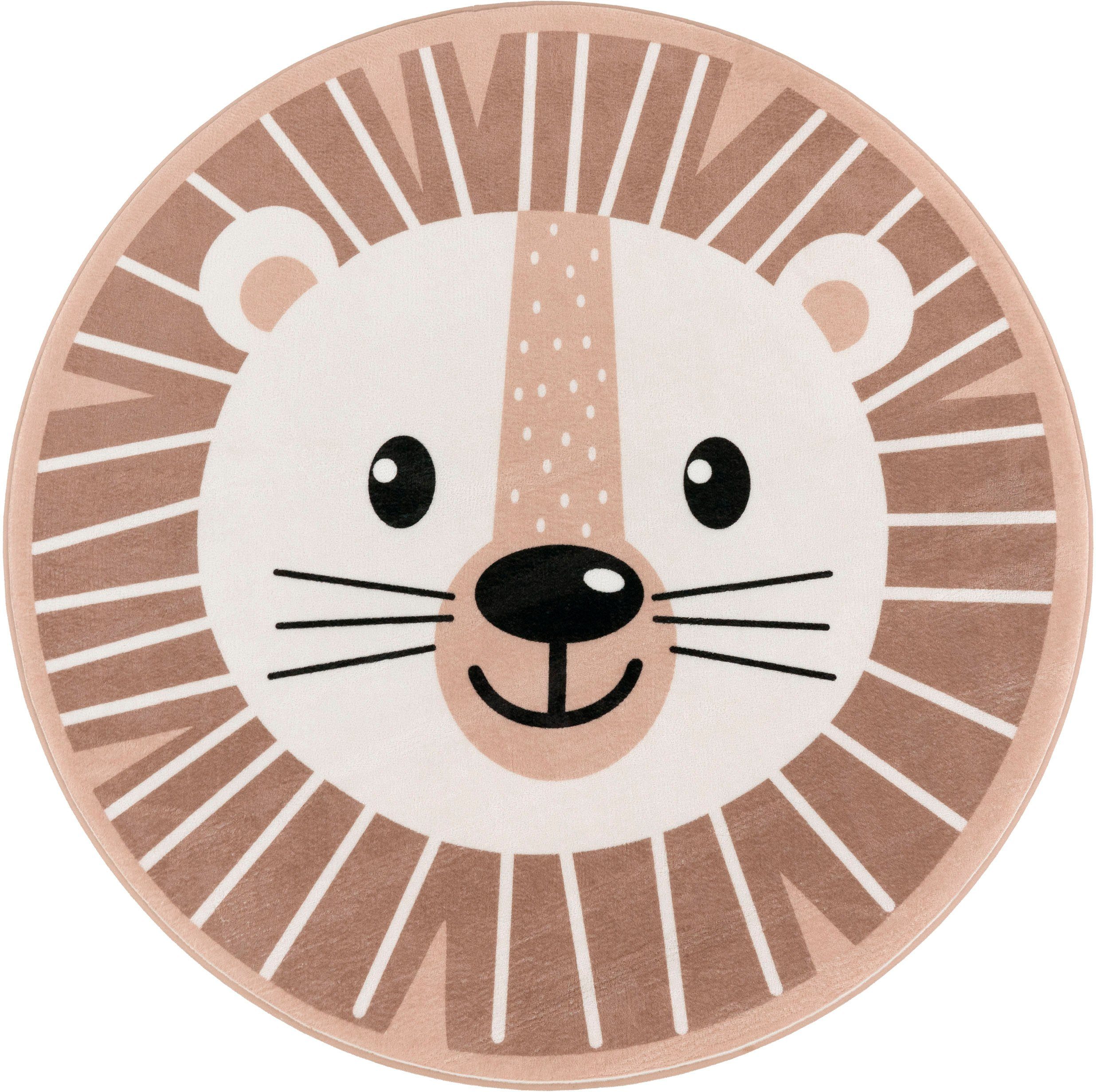 Paco Home Kindervloerkleed Chicos 556 Platweefsel, motief leeuw, kinderkamer speelkleden maat Ø 120 cm x 2 mm beige