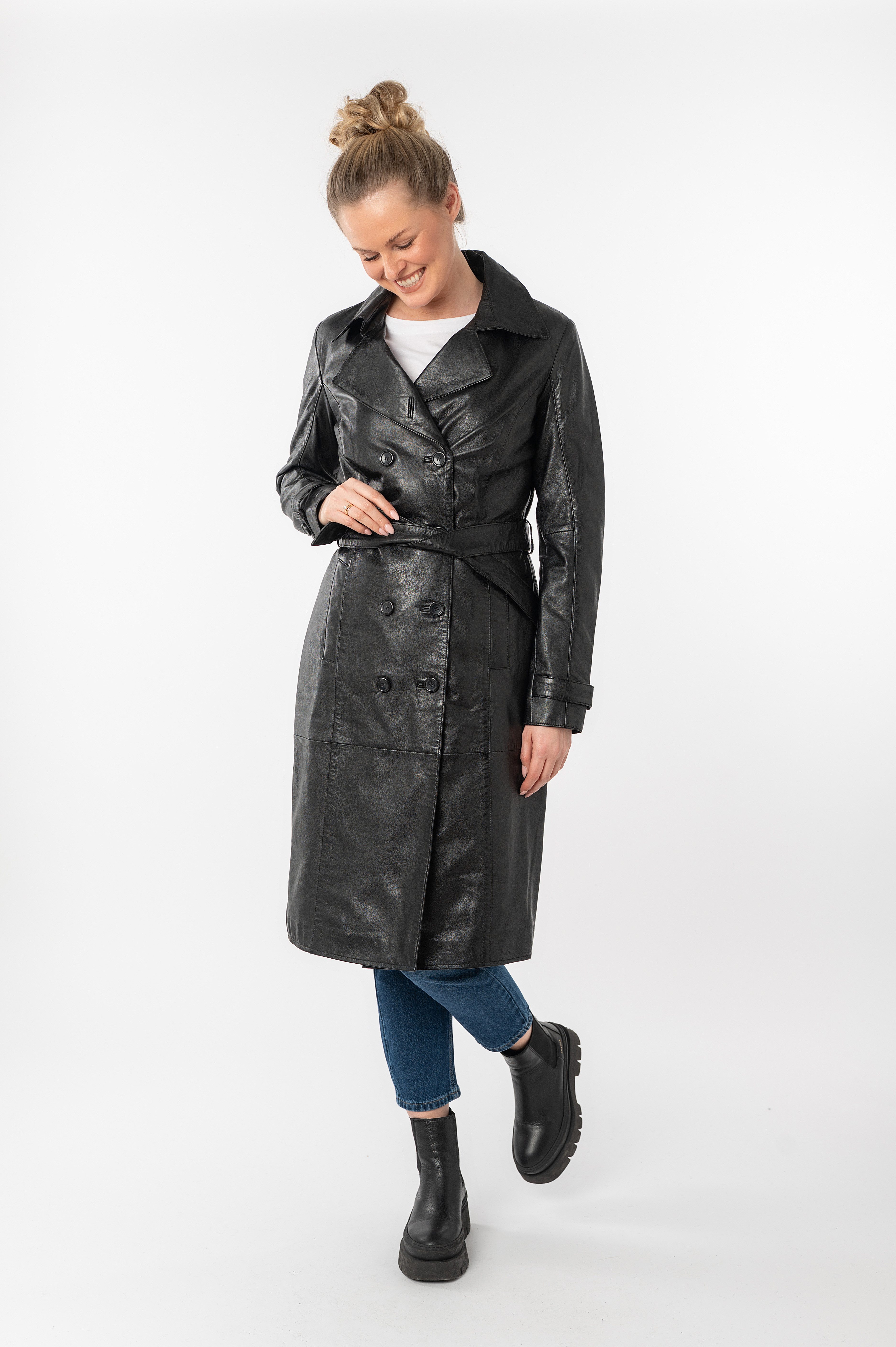 Mauritius Lange, leren jas GWTaruh OT elegante leren trenchcoat met bindceintuur (2-delig)