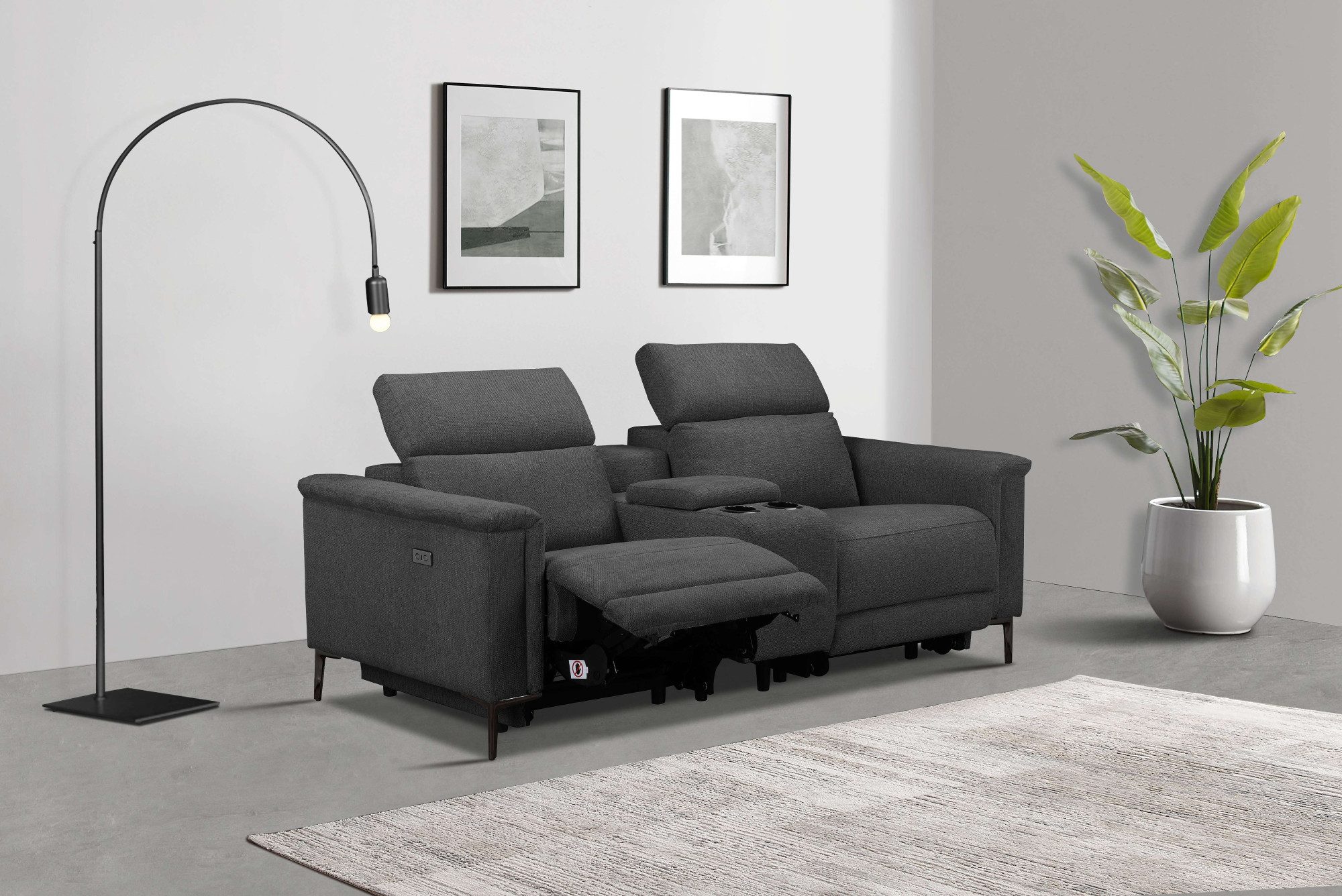 Places of Style 2-zitsbank Lund, 2-zits bioscoopbank, tv-fauteuil, multimedia-sofa, USB-A met elektrische of handmatige relaxfunctie, bekerhouder en opbergruimte