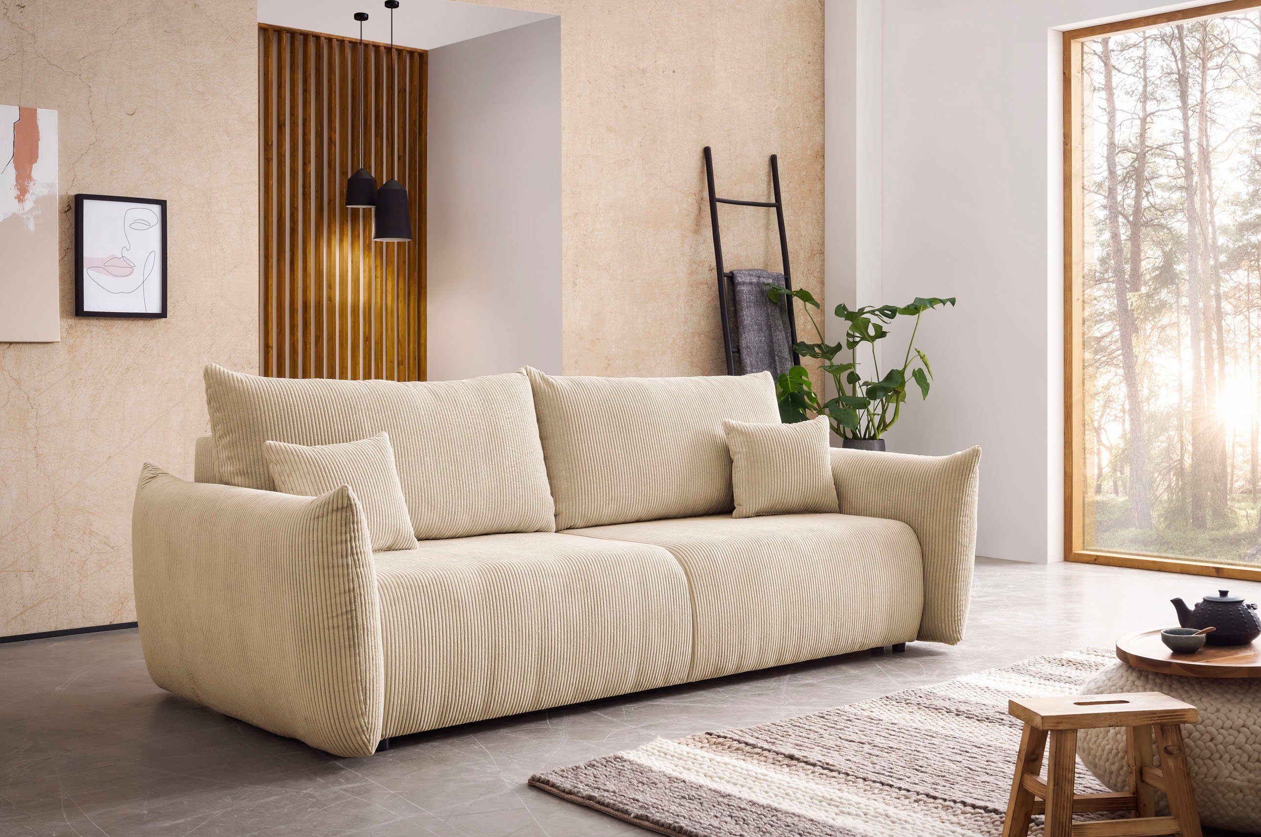 INOSIGN 3-zitsbank MAVAS slaapbank met bedlade ca. 240/108 cm (ligoppervlak 212/145 cm), ribfluweel, chenille, structuur