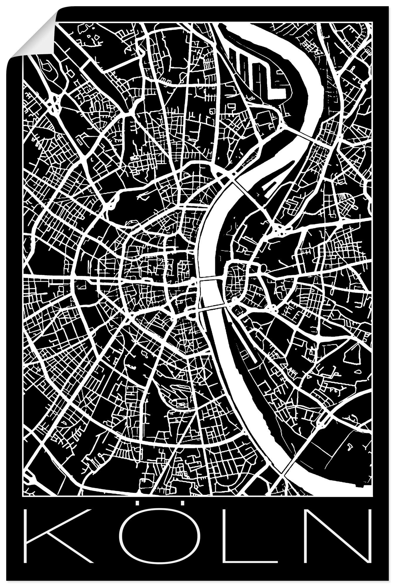 Artland artprint Retro Karte Köln Deutschland Schwarz