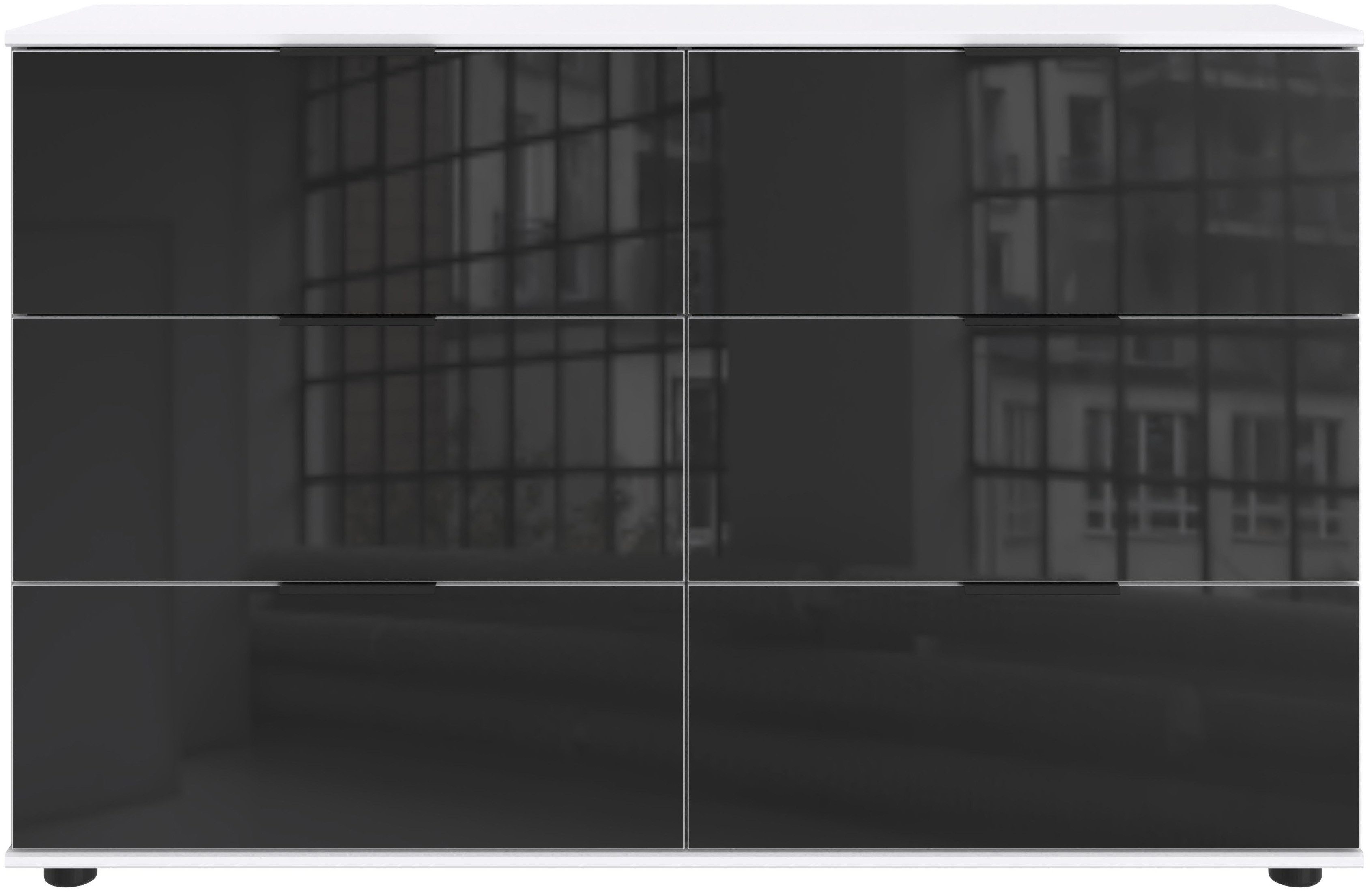 Wimex Ladekast Leonberg, sideboard met 6 lades met glazen front, b/d/h 130/41/83 cm, zwarte metalen handgrepen