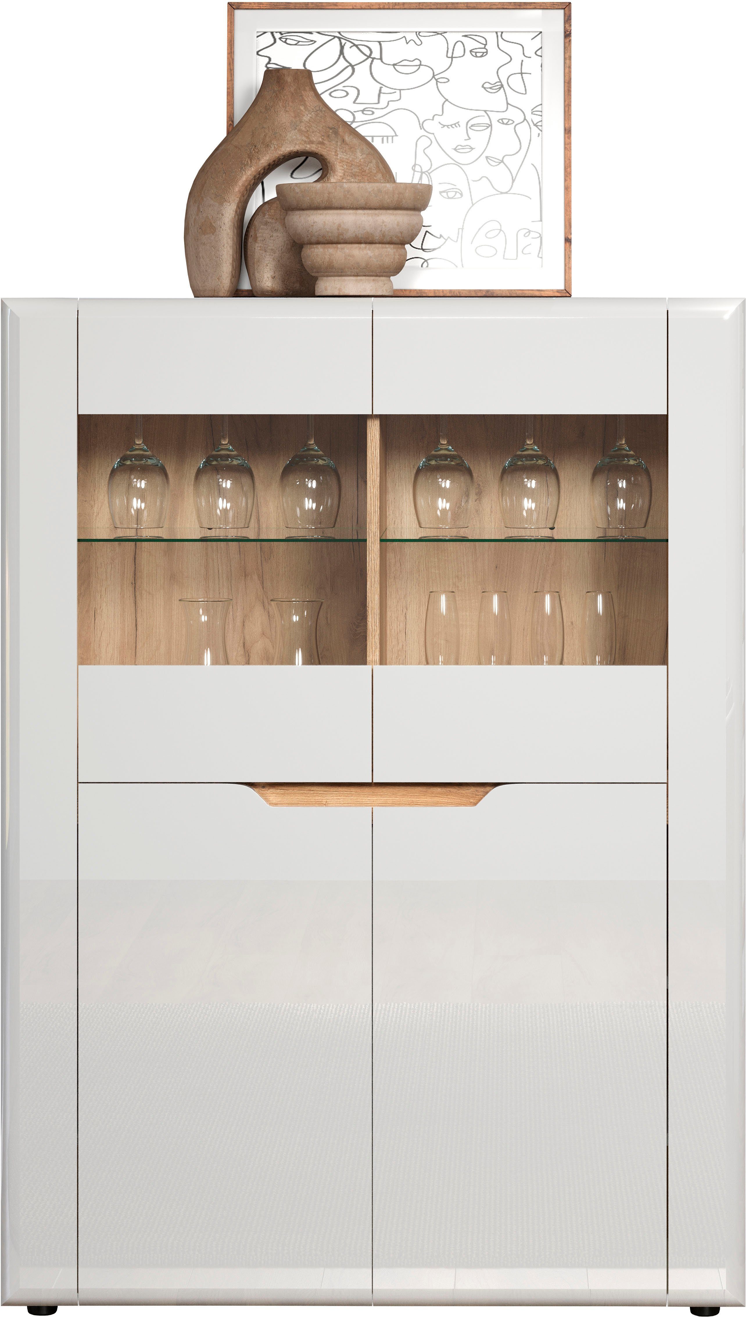 INOSIGN Vitrinekast Graz Hoge kast met glazen deuren Grifflos, breedte 96 cm, hoogte 132 cm (1 stuk)