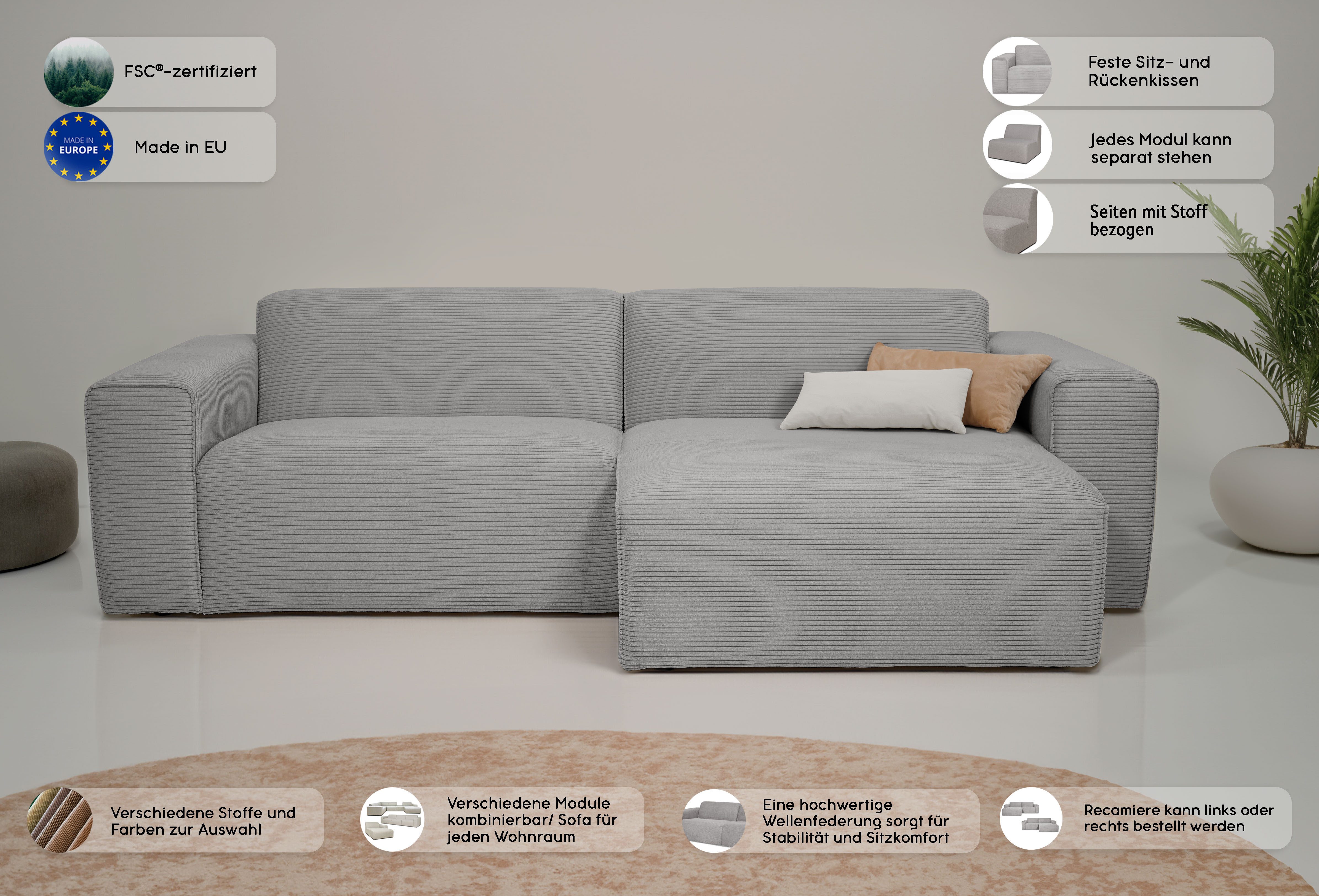 INOSIGN Hoekbank Koa, 228 cm, L-vorm, modulair bankstel, webstof, cord