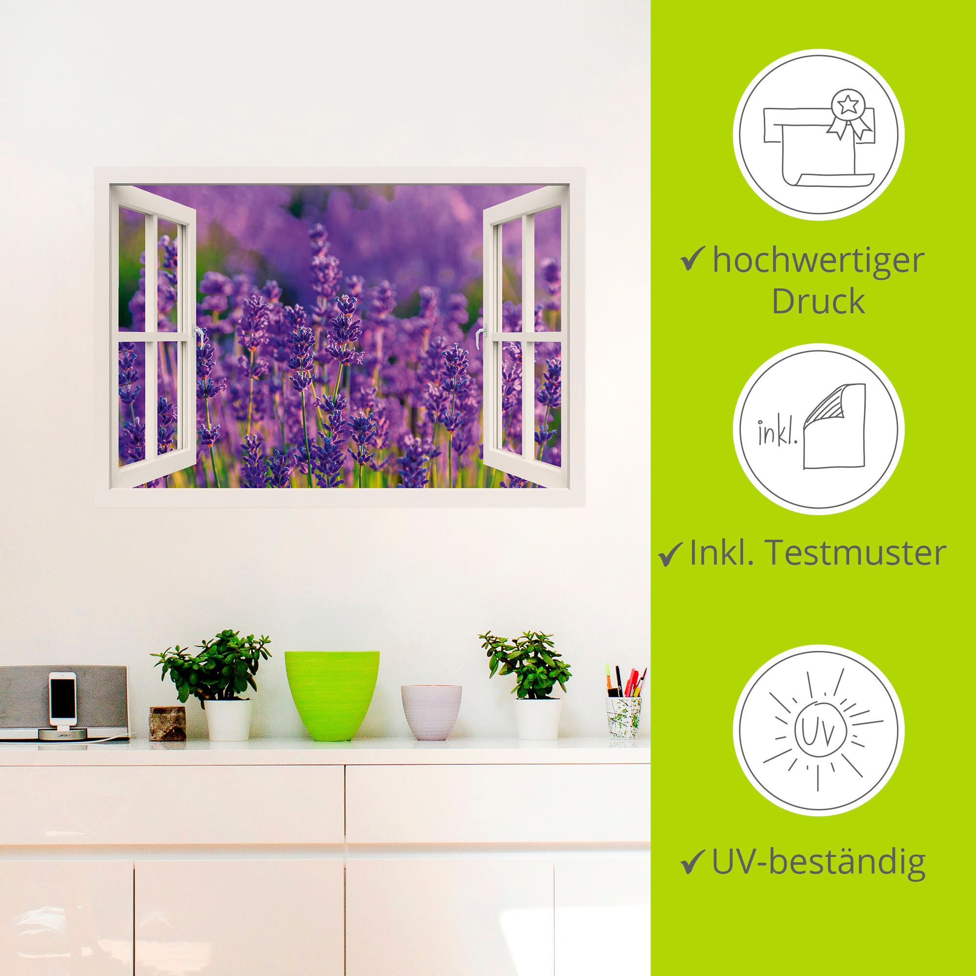 Artland Artprint Blik uit het venster lavendelveld in Tihany als artprint op linnen, muursticker in verschillende maten