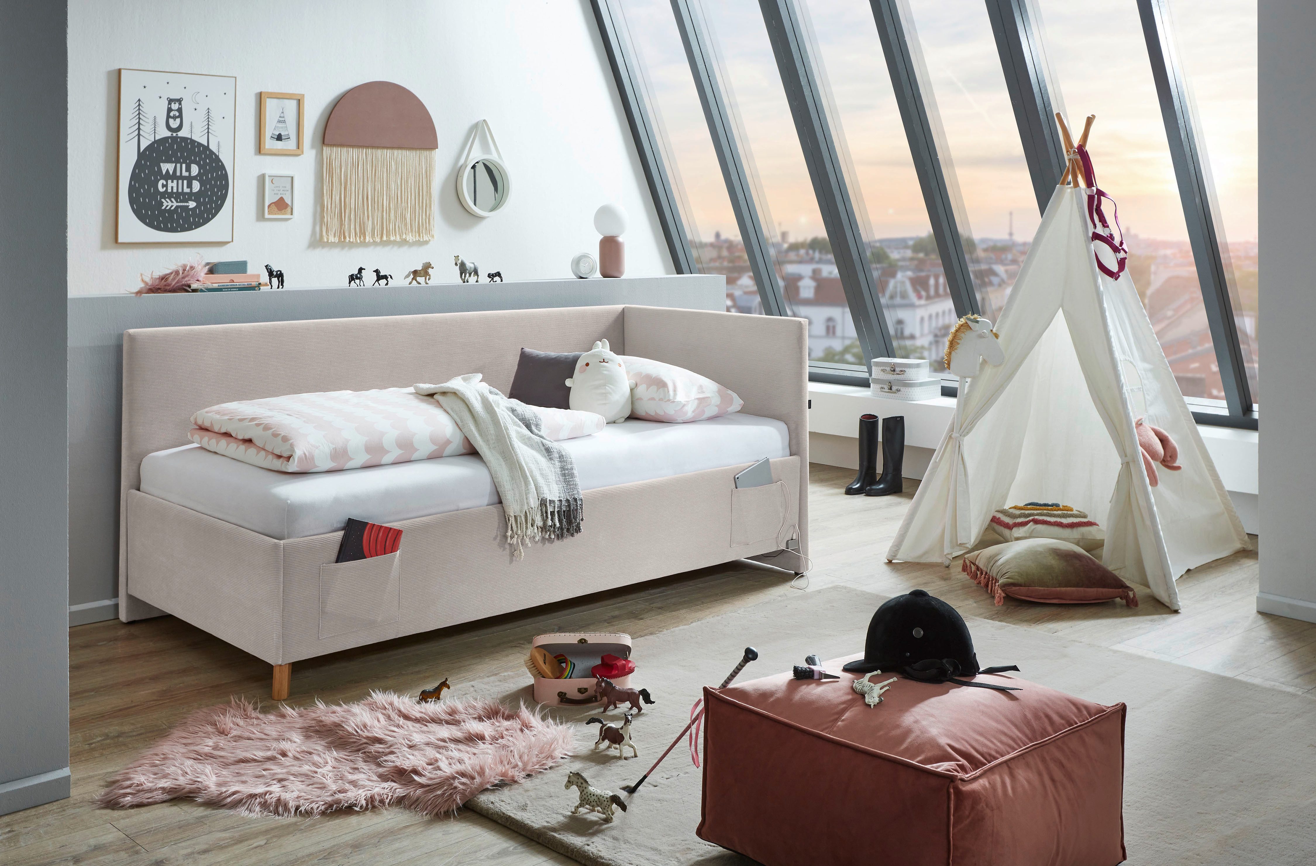 meise.möbel Kinderledikant COOL II Bekleed bed naar keuze met bedkist, tienerbed inclusief USB-aansluitingen eenpersoonsbedden beige