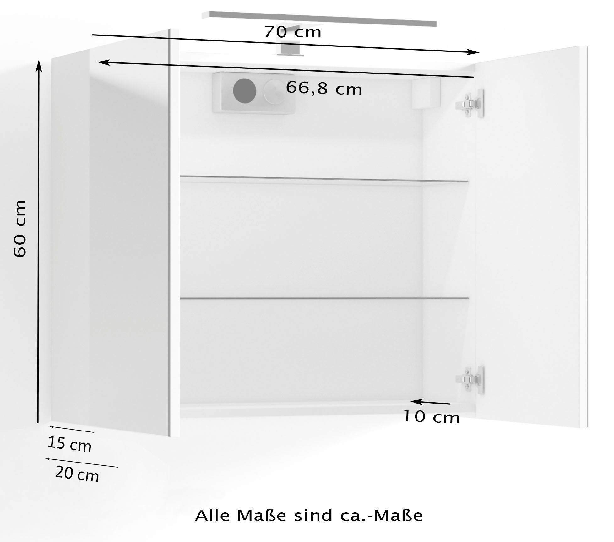 byLIVING Spiegelkast Spree Breedte 70 cm, 2-deurs, met ledverlichting en schakelaar-/stekkerdoos