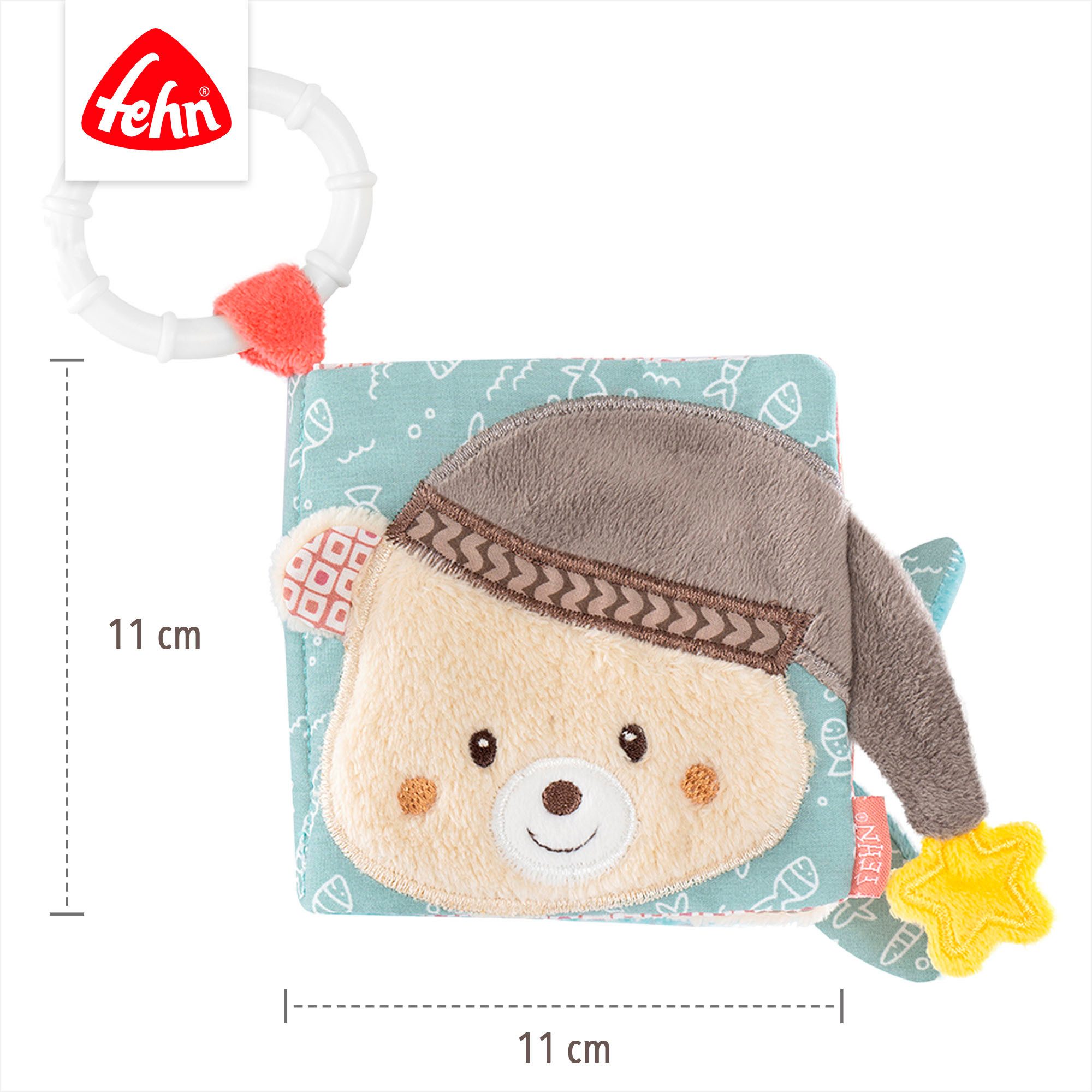 Fehn Grijpspeeltje Bruno, stoffen boek met ring ter bevestiging aan kinderwagen, babyzitje of bed
