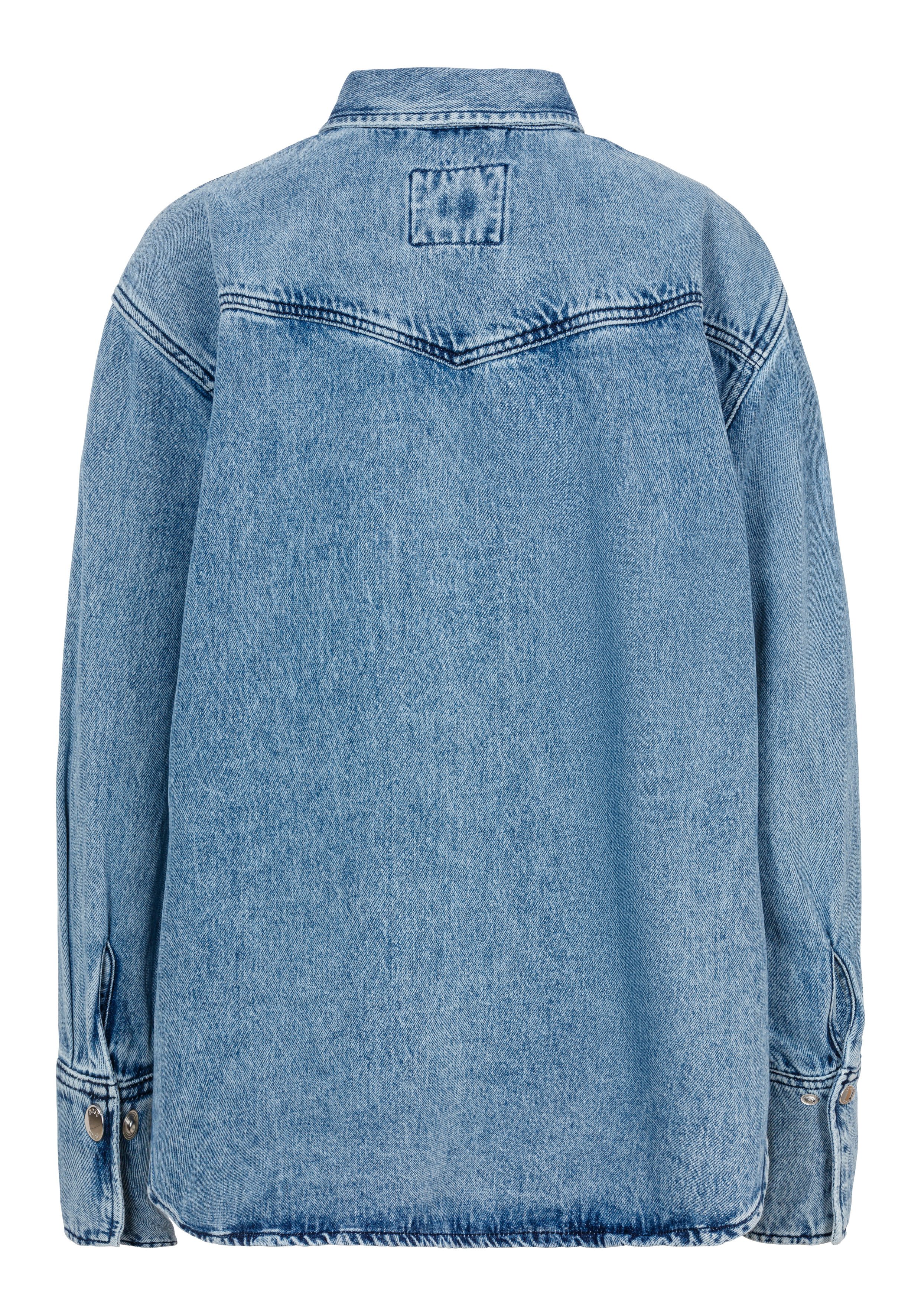 Boss Orange Klassieke blouse DENIM SHIRT HF Premium Damesmode met blazerkraag en all-over strass & glinster effect