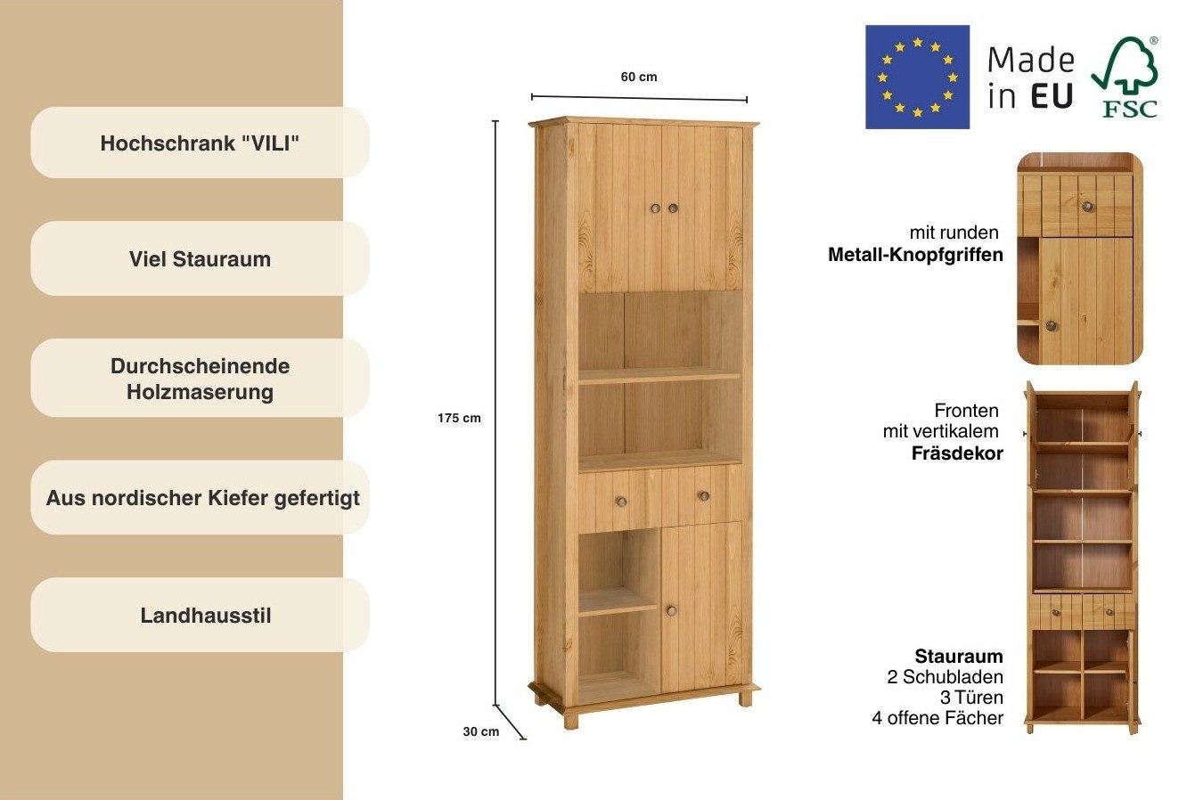 Home affaire Hoge kast Vili Breedte 60 cm, 2 laden, 3 deuren