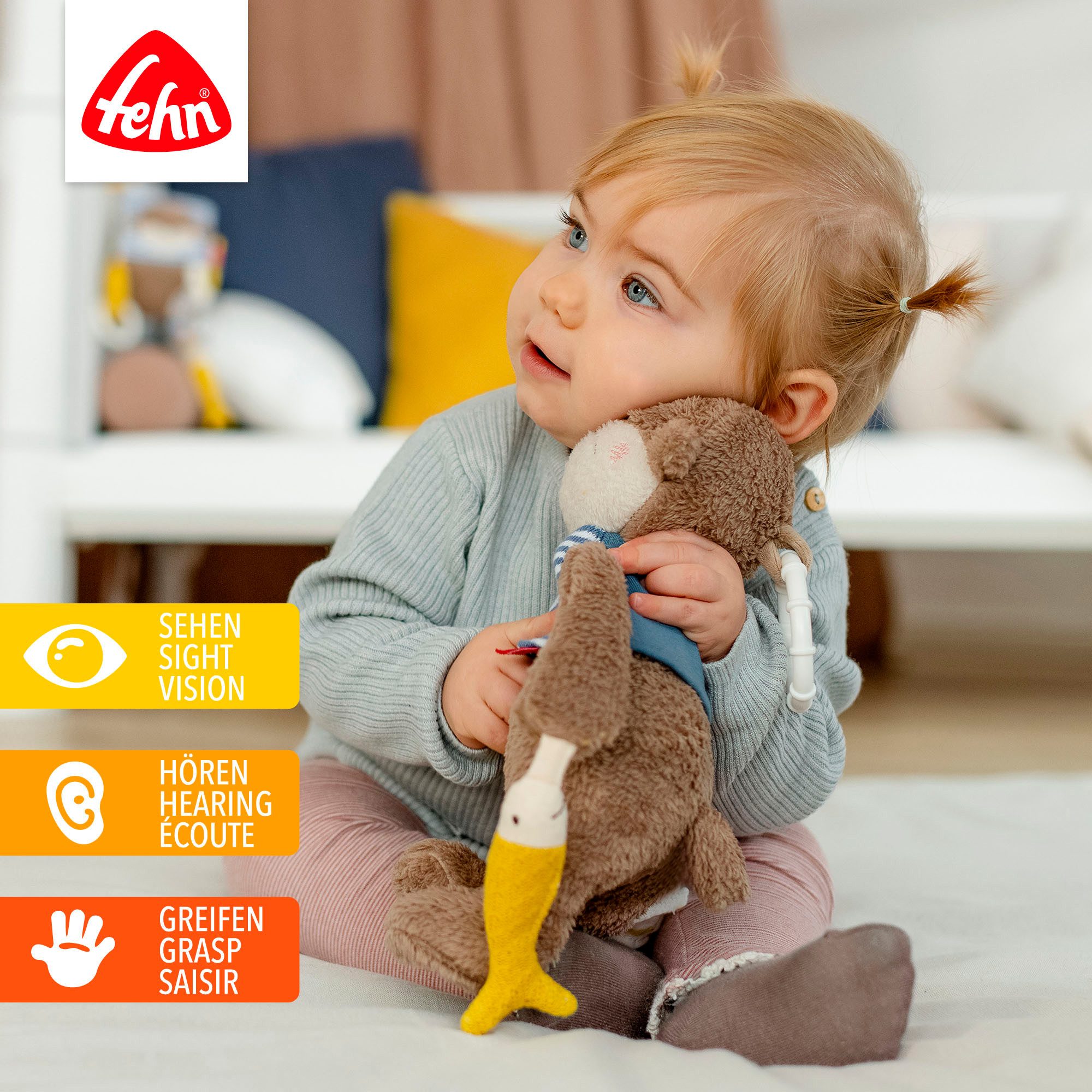 Fehn Grijpspeeltje Otter Theo, activiteit-Otter ter bevestiging aan kinderwagen, babyzitje of bed
