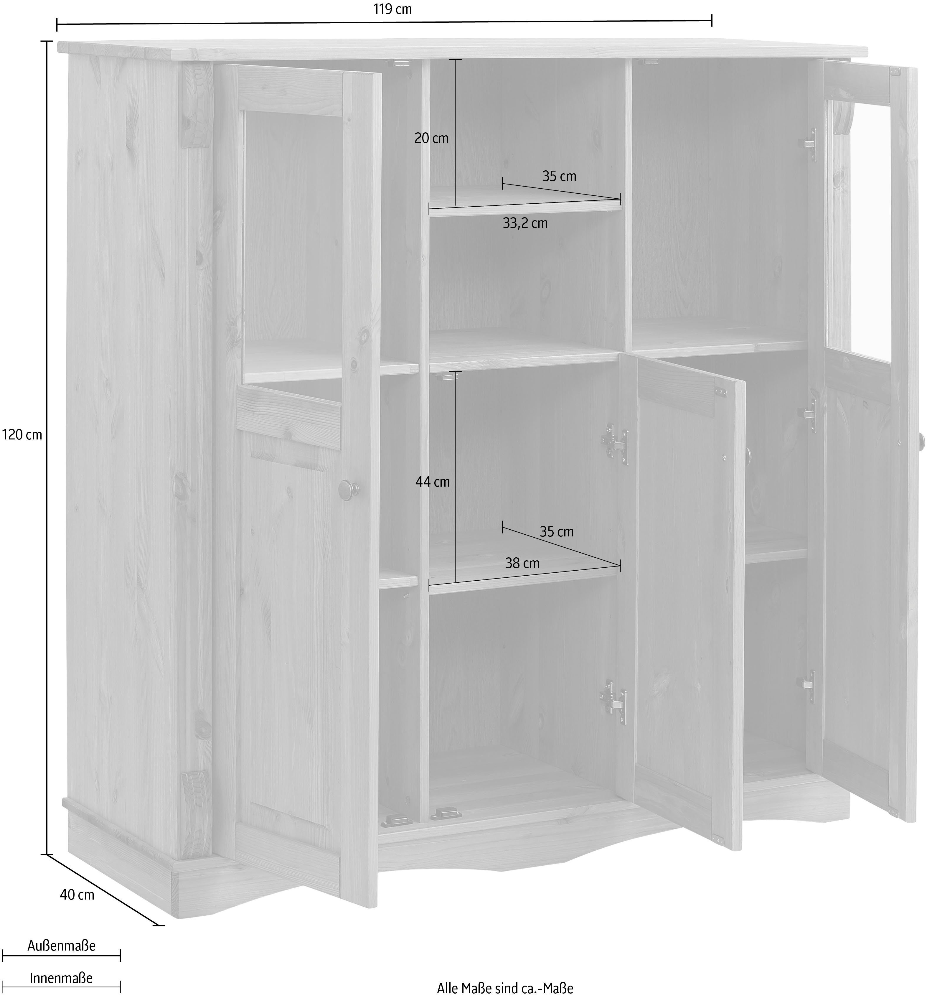 Home affaire Highboard Teresa Breedte 119 cm, deuren met glazen inzetstukken, van massief grenen, FSC®