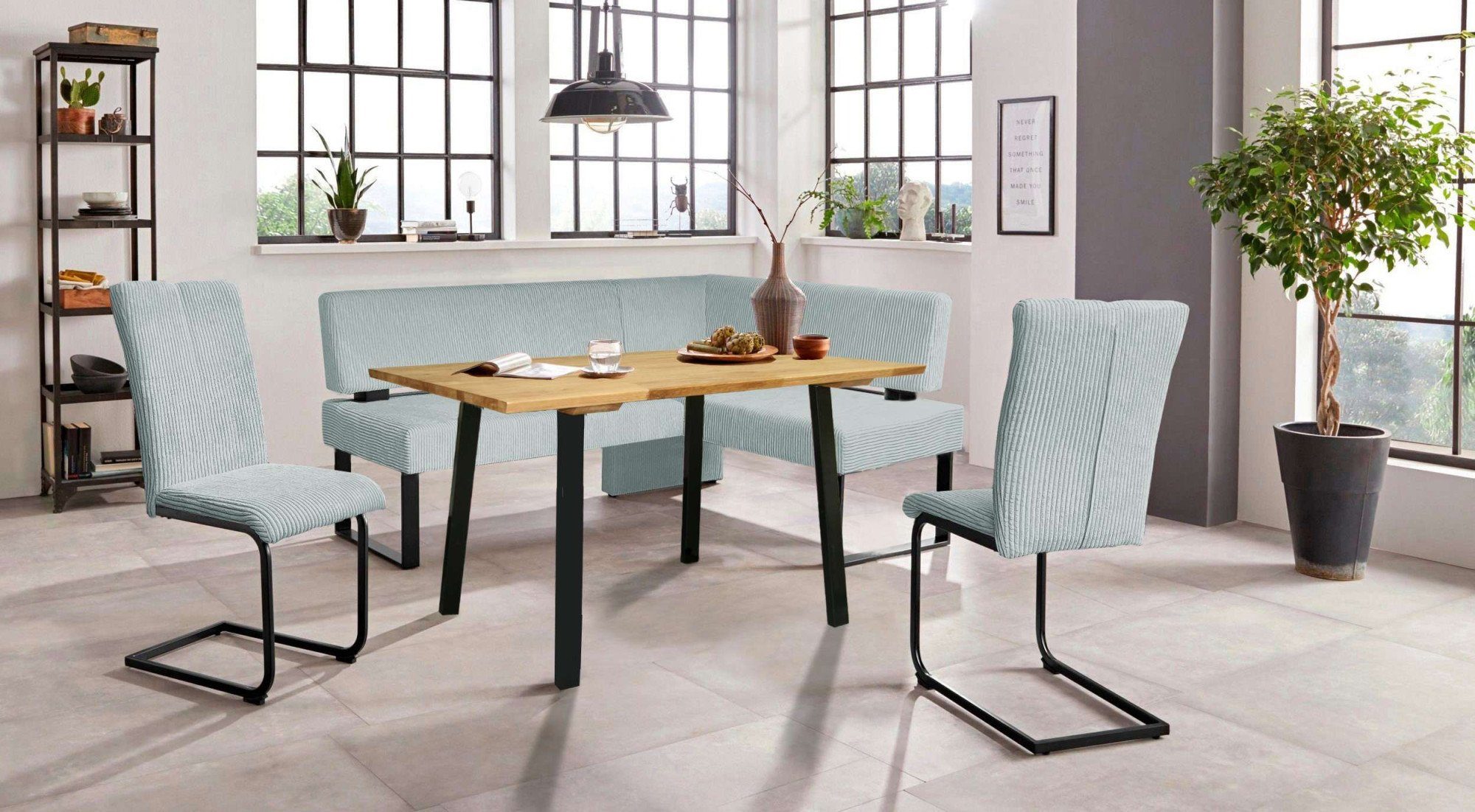 Home affaire Eethoek Oliver Hoekbank met golfvering in de zitting, tafel massief eiken (set, 4-delig)