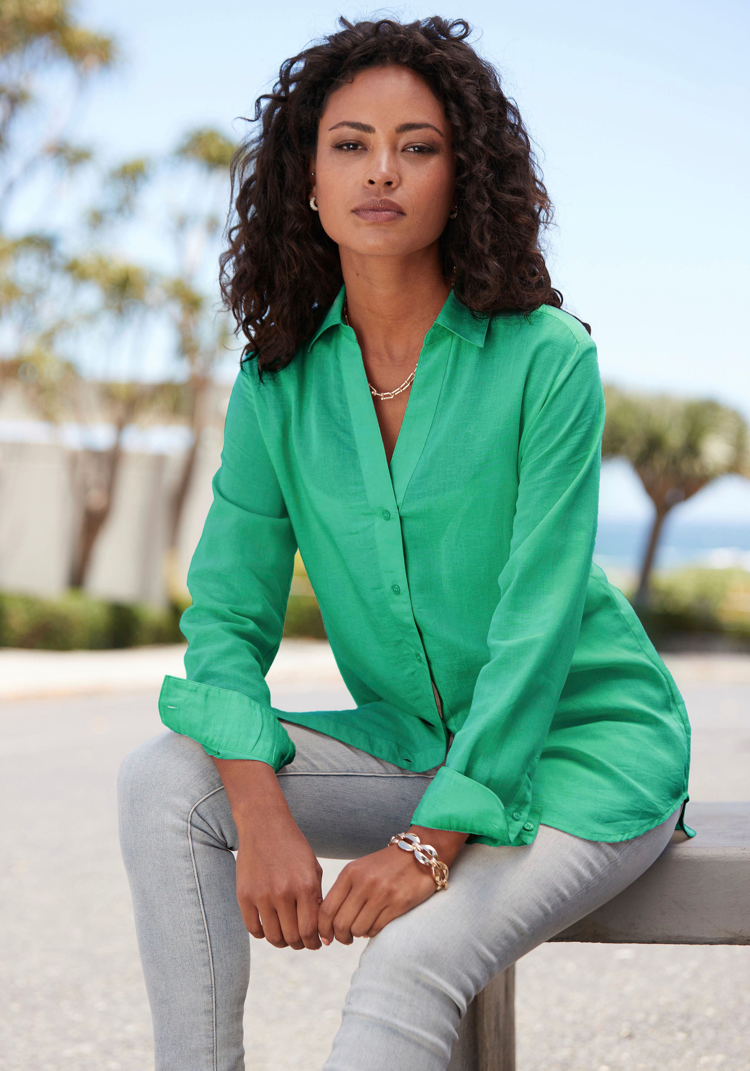 Lascana Overhemdblouse van linnenmix, damesblouse met overhemdkraag en knoopsluiting