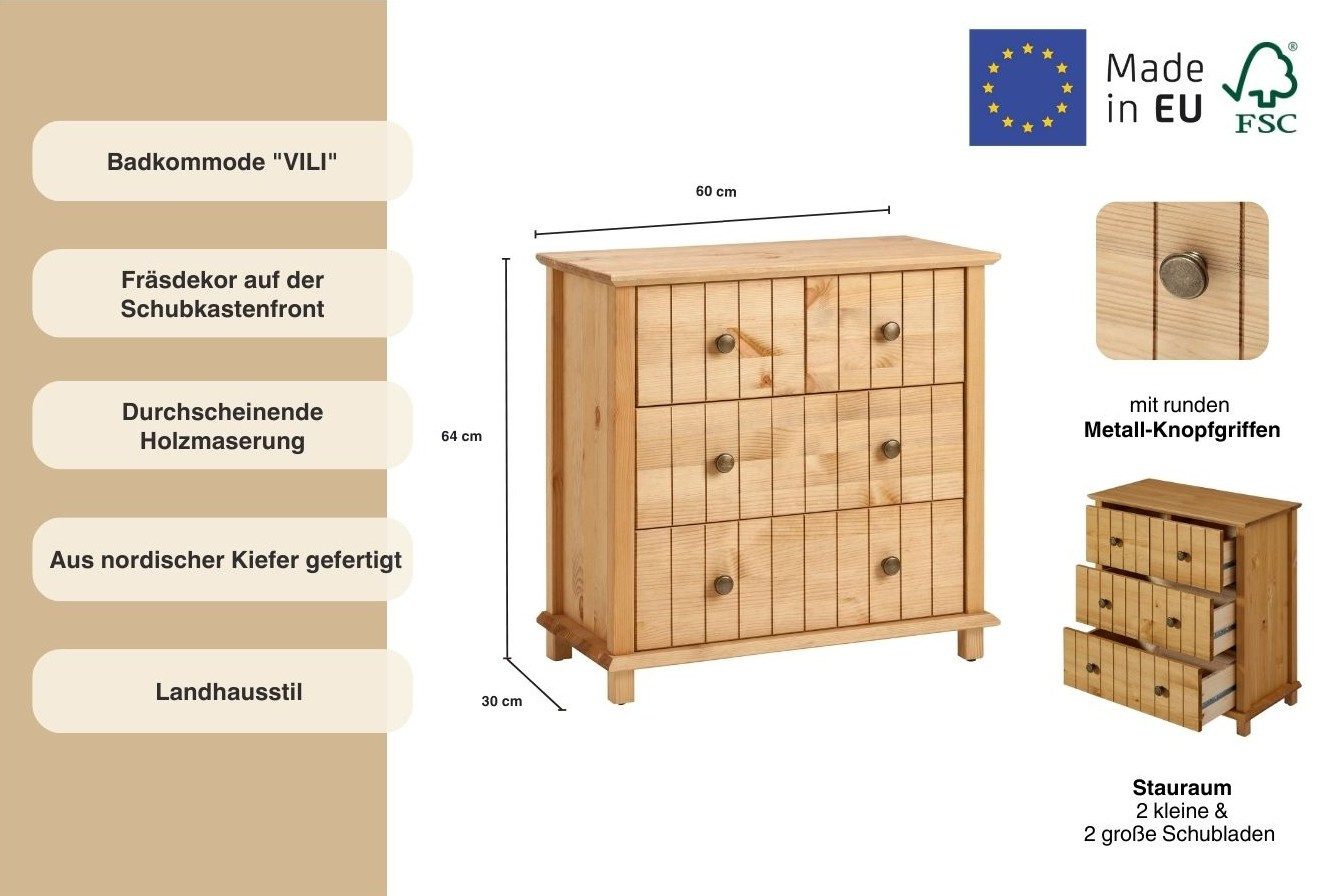 Home affaire Badkamerkast Vili Badkamerkast, onderkast, 4 lades, van massief hout
