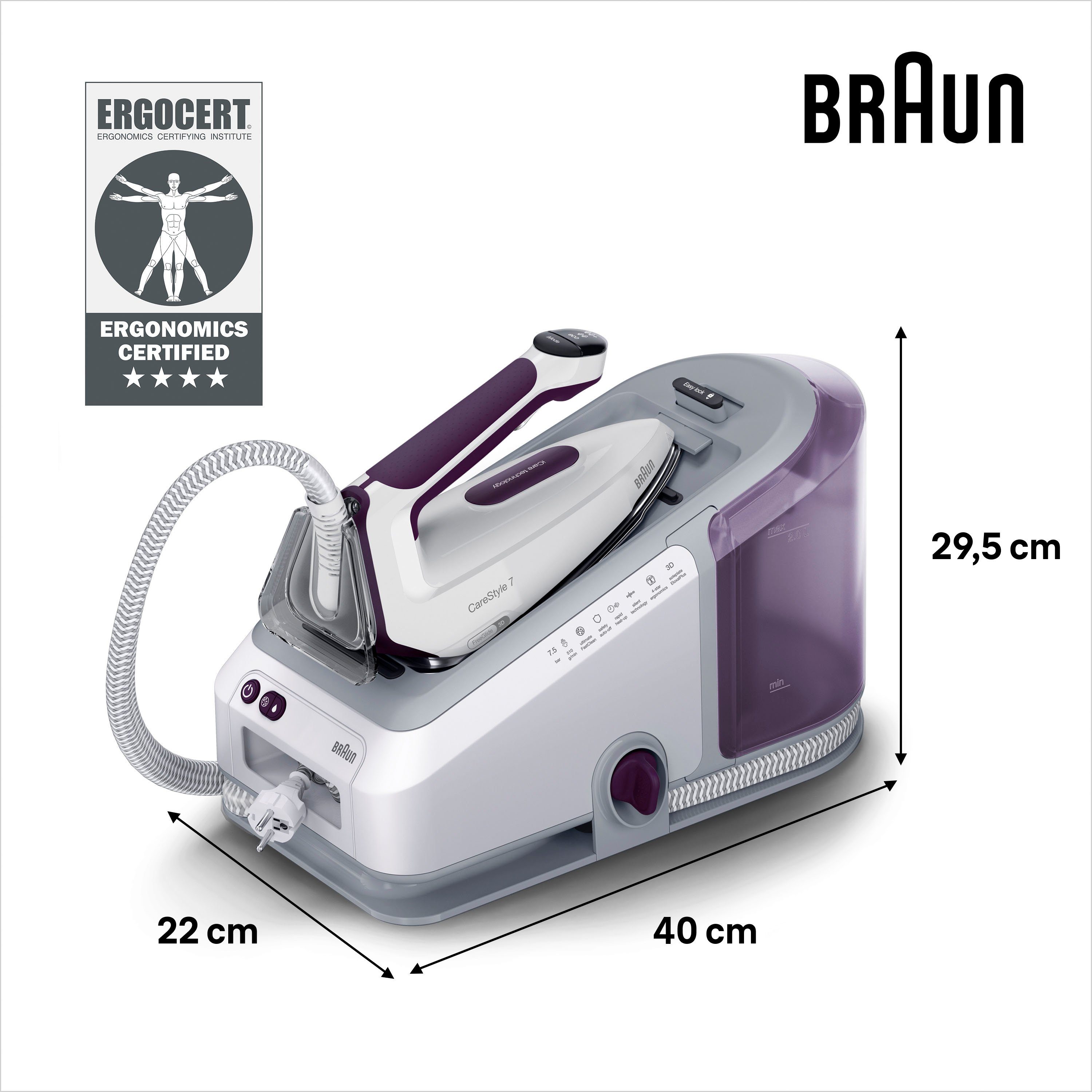 Braun Stoomstrijkstation Braun CareStyle 7 IS 7266 VI Dampfbügelstation Weiß/Violett