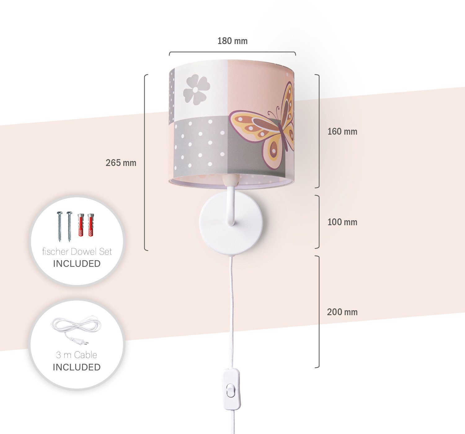 Paco Home Wandlamp Cosmo 220 Lamp kinderkamer stekker âˆ…18cm vlinder kabel 3m E14