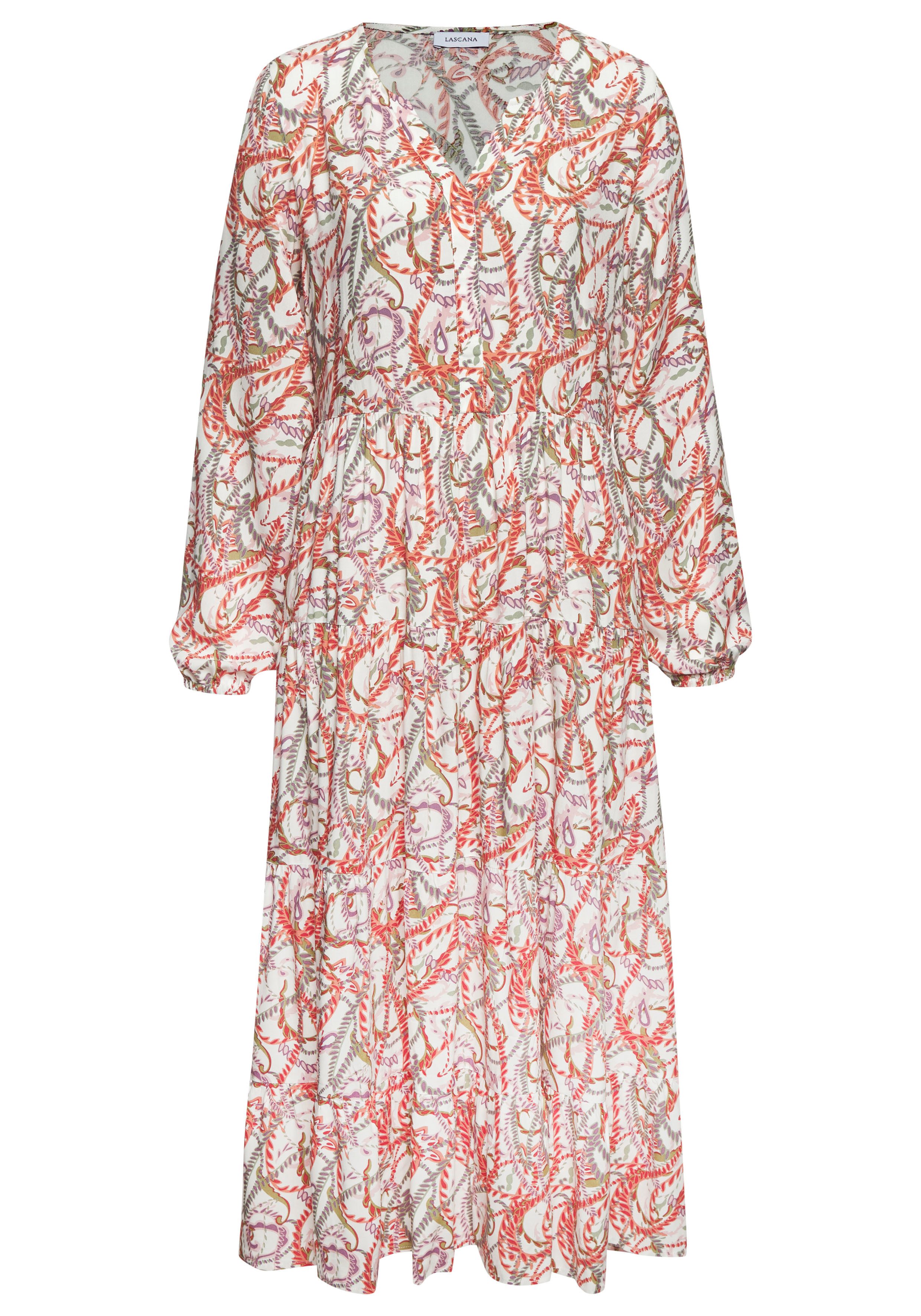 Lascana Maxi-jurk met all-over print en volants, lange mouwen, jurk met print, casual-chic