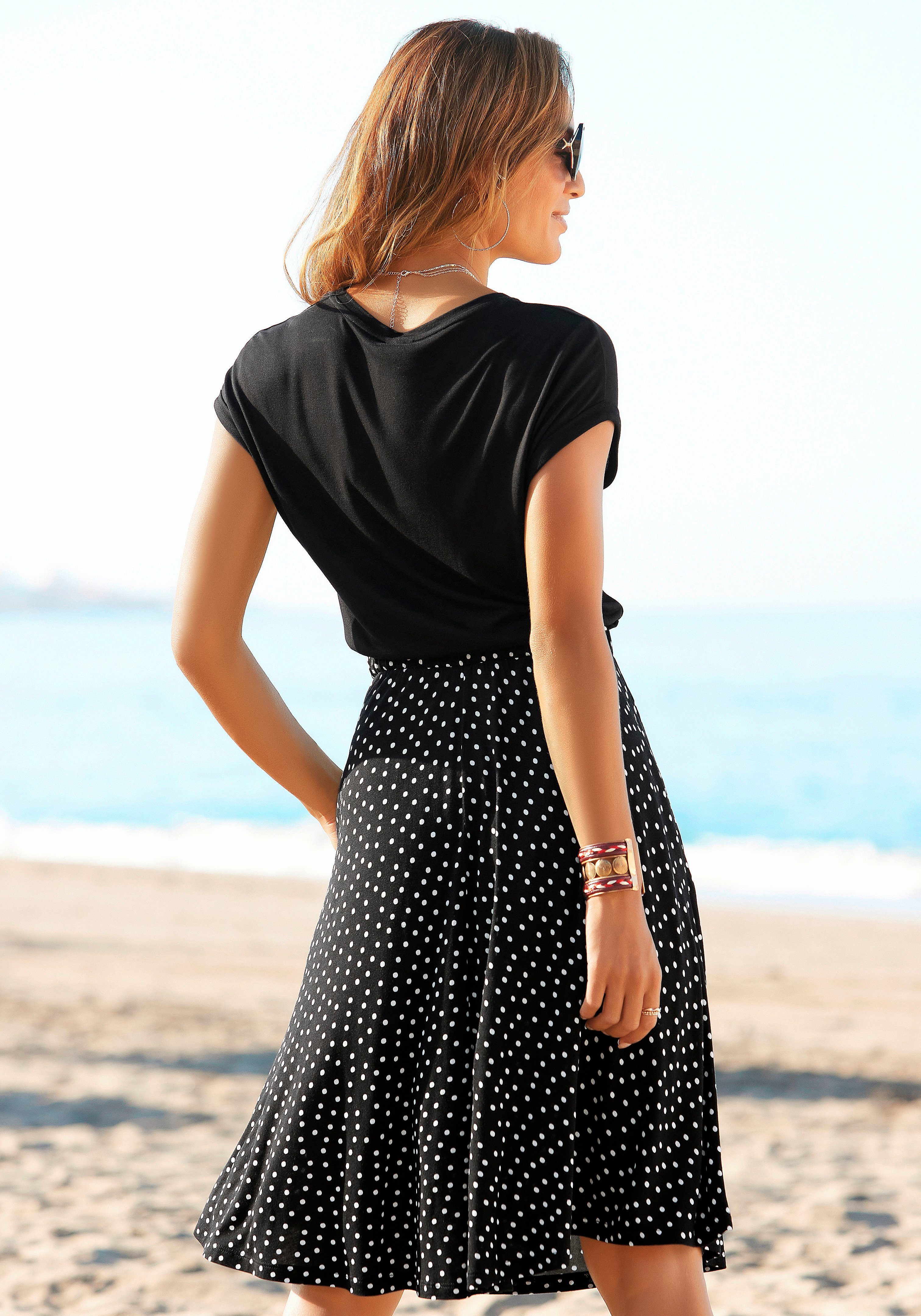 Beachtime Jerseyjurk met paperbag stijl, tailleband en zakken, jurk met print, zomers, elegant