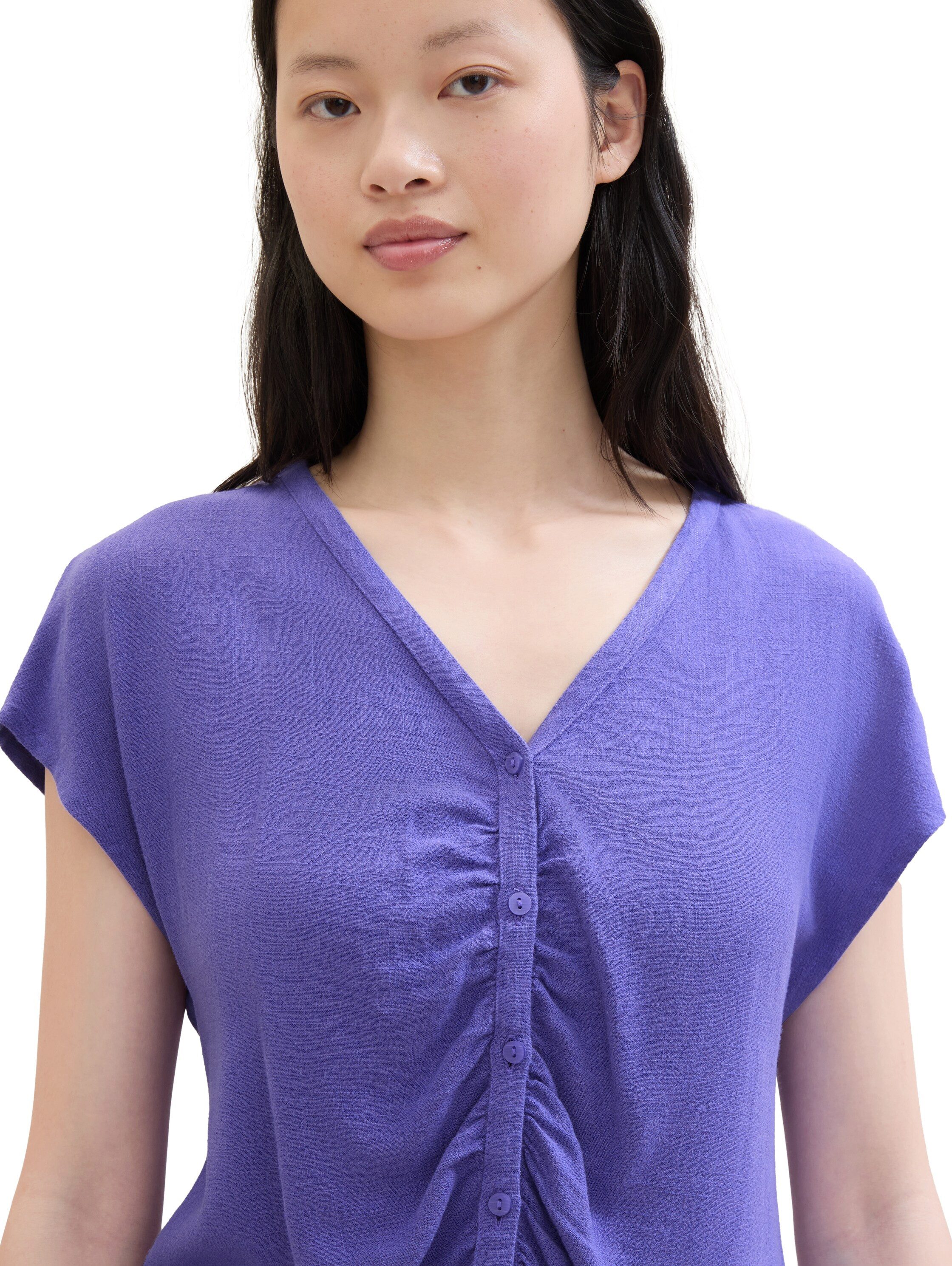 Tom Tailor Denim Blouse met korte mouwen met knoopsluiting en plooi
