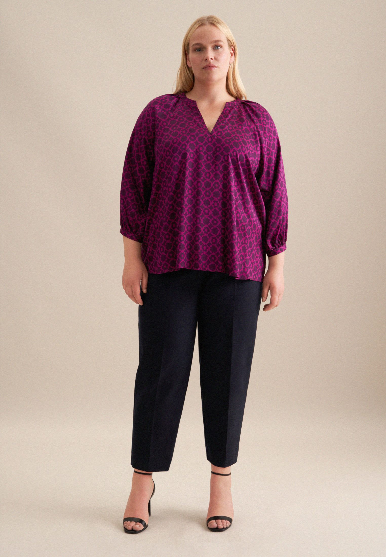 seidensticker Shirtblouse Zwarte roos 3/4-mouwen ronde hals print