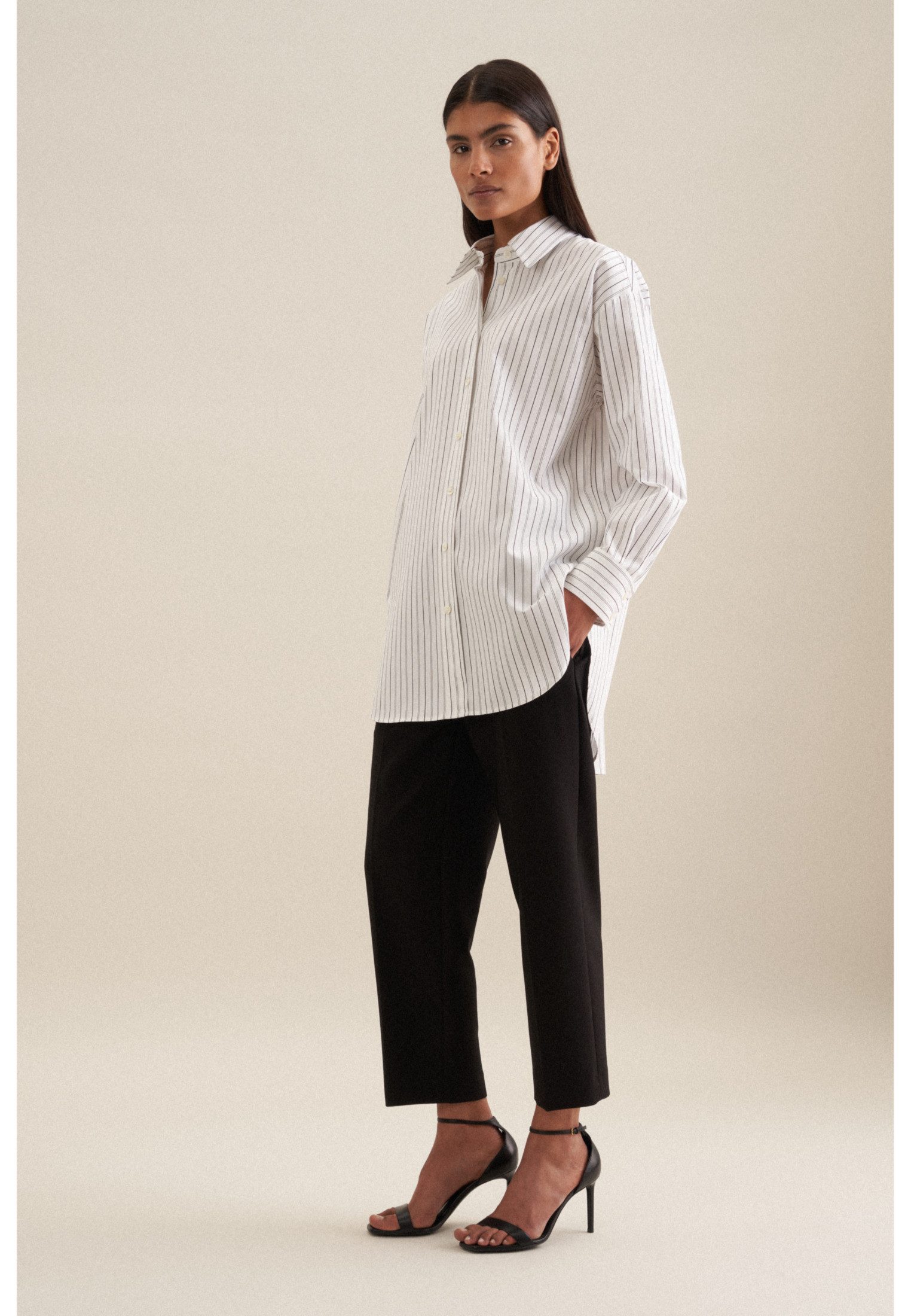 seidensticker Lange blouse Zwarte roos Lange mouwen kraag strepen