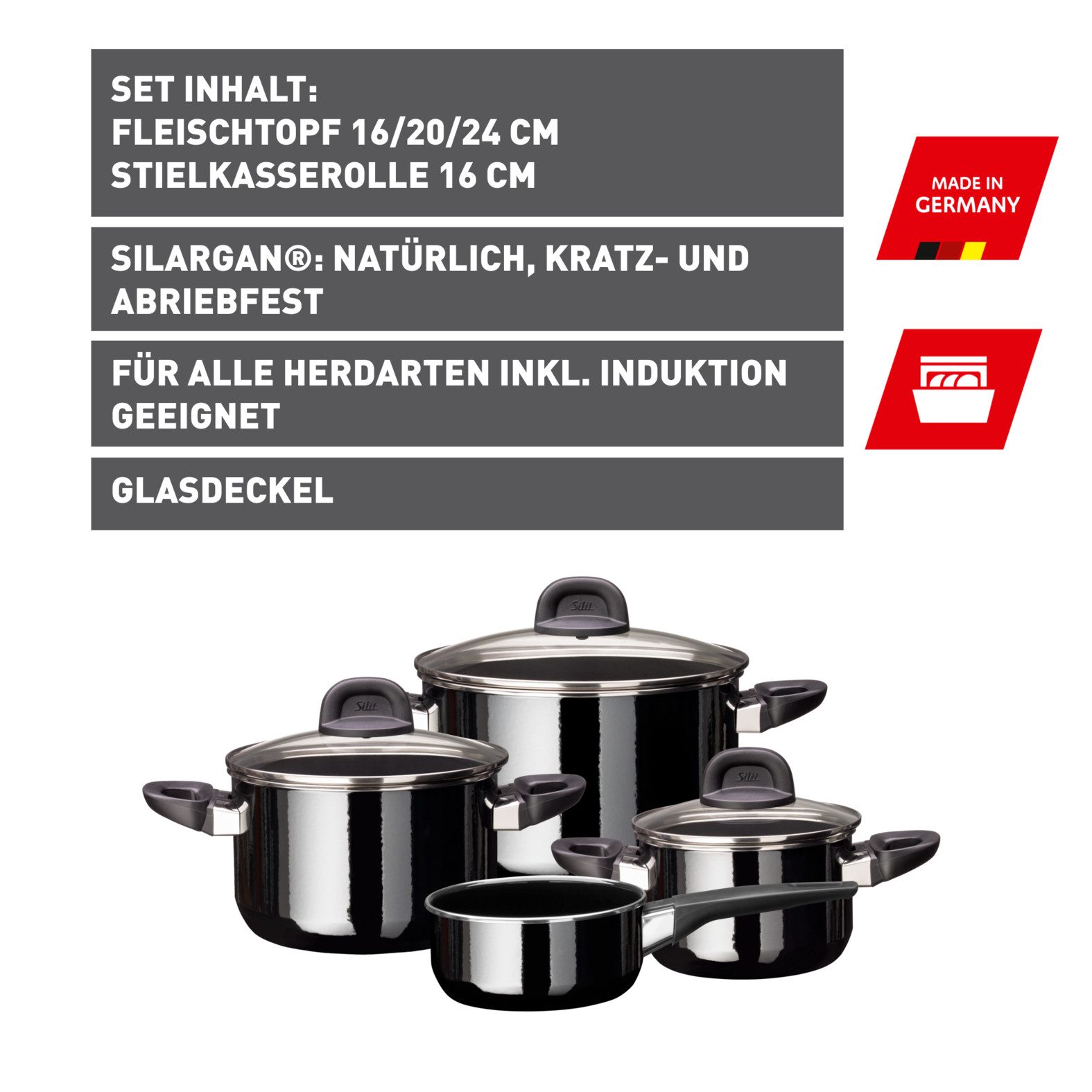 Silit Pannenset Modesto Line Black, inductiepannen vaatwasmachinebestendig (set, 7-delig)