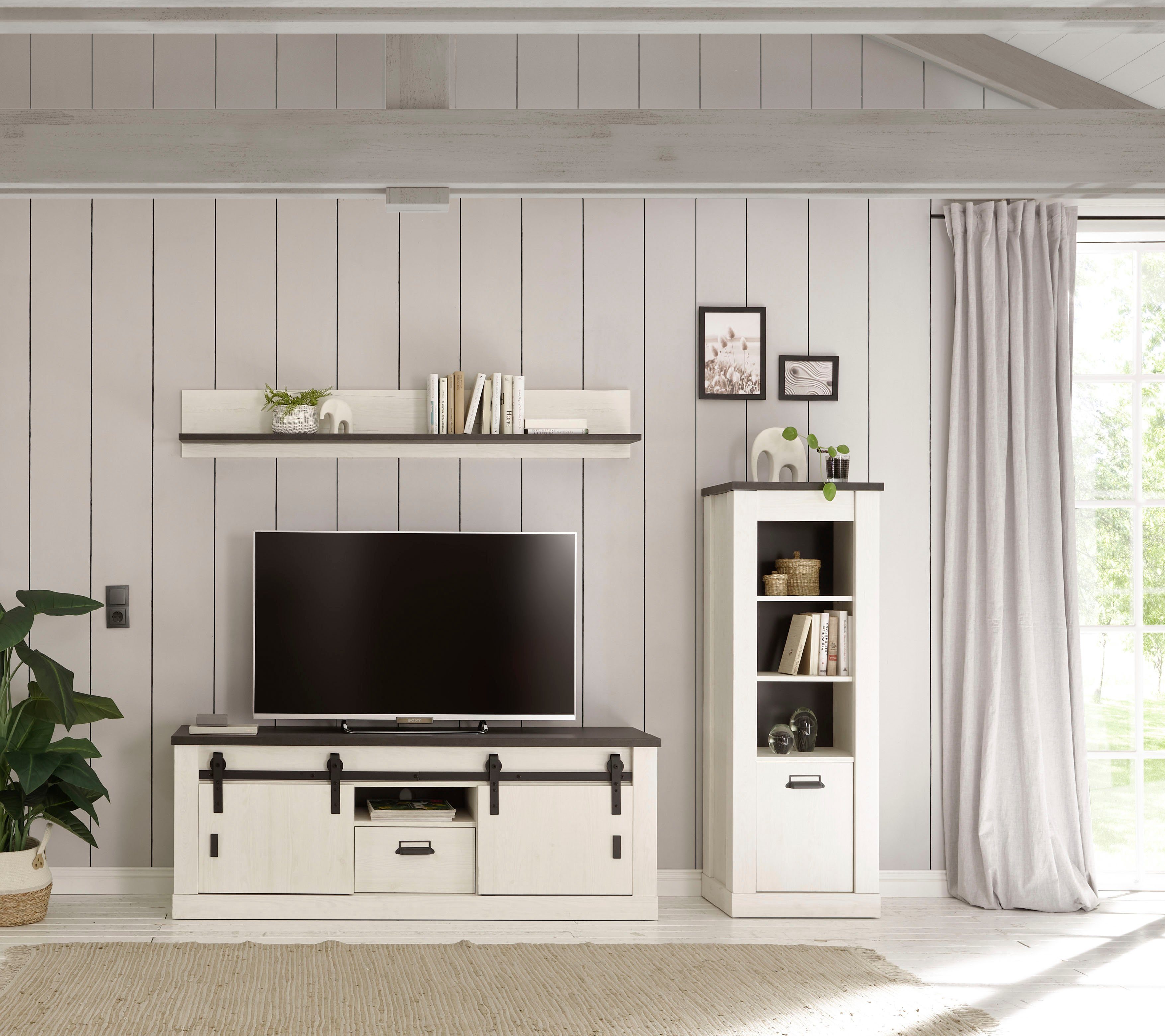 Home affaire Waskast SHERWOOD hoge kast, commode in moderne houtlook, met metalen apothekers handgrepen, hoogte 146 cm