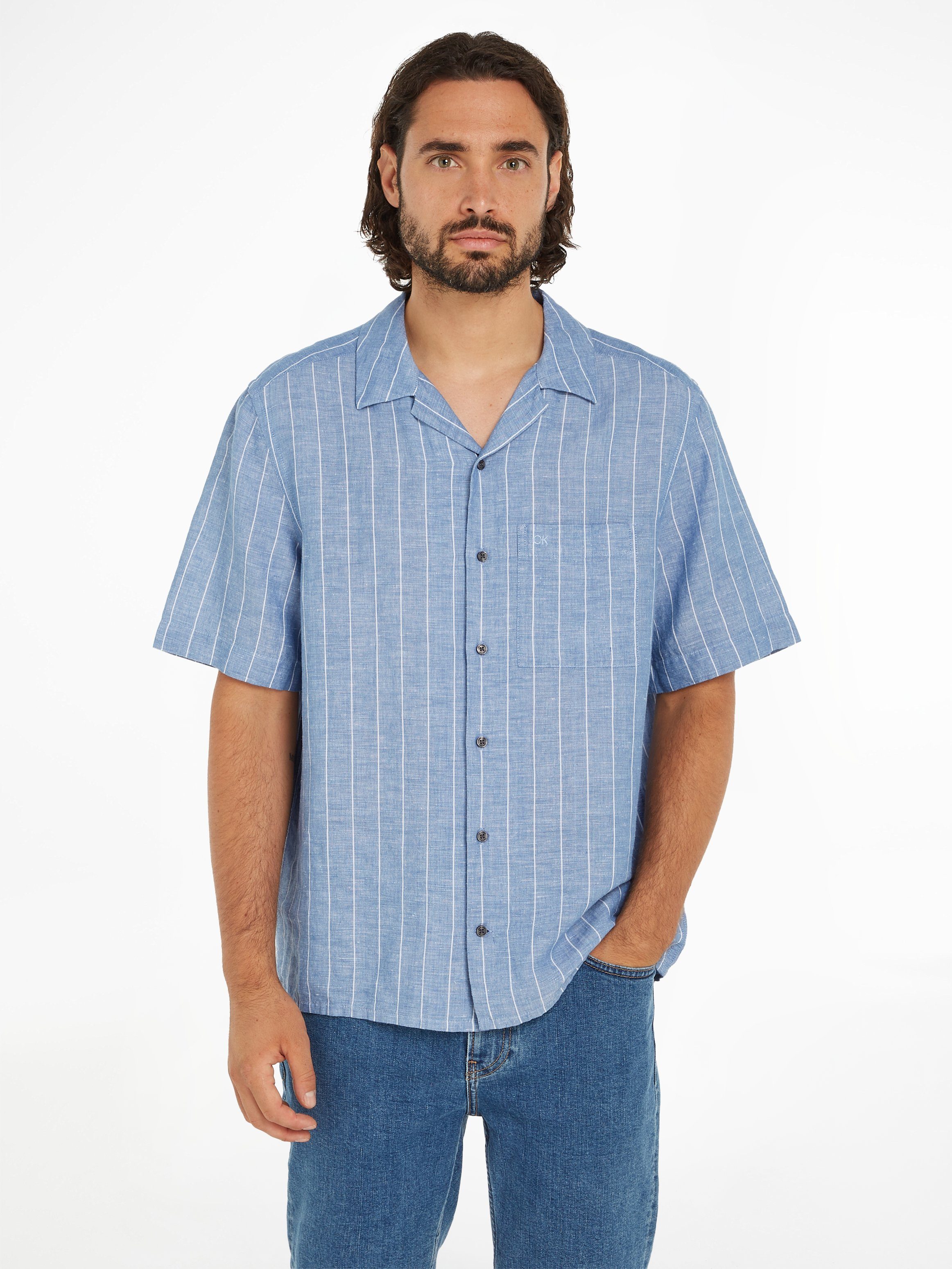 Calvin Klein Overhemd met korte mouwen LINEN COTTON STRIPE S/S SHIRT
