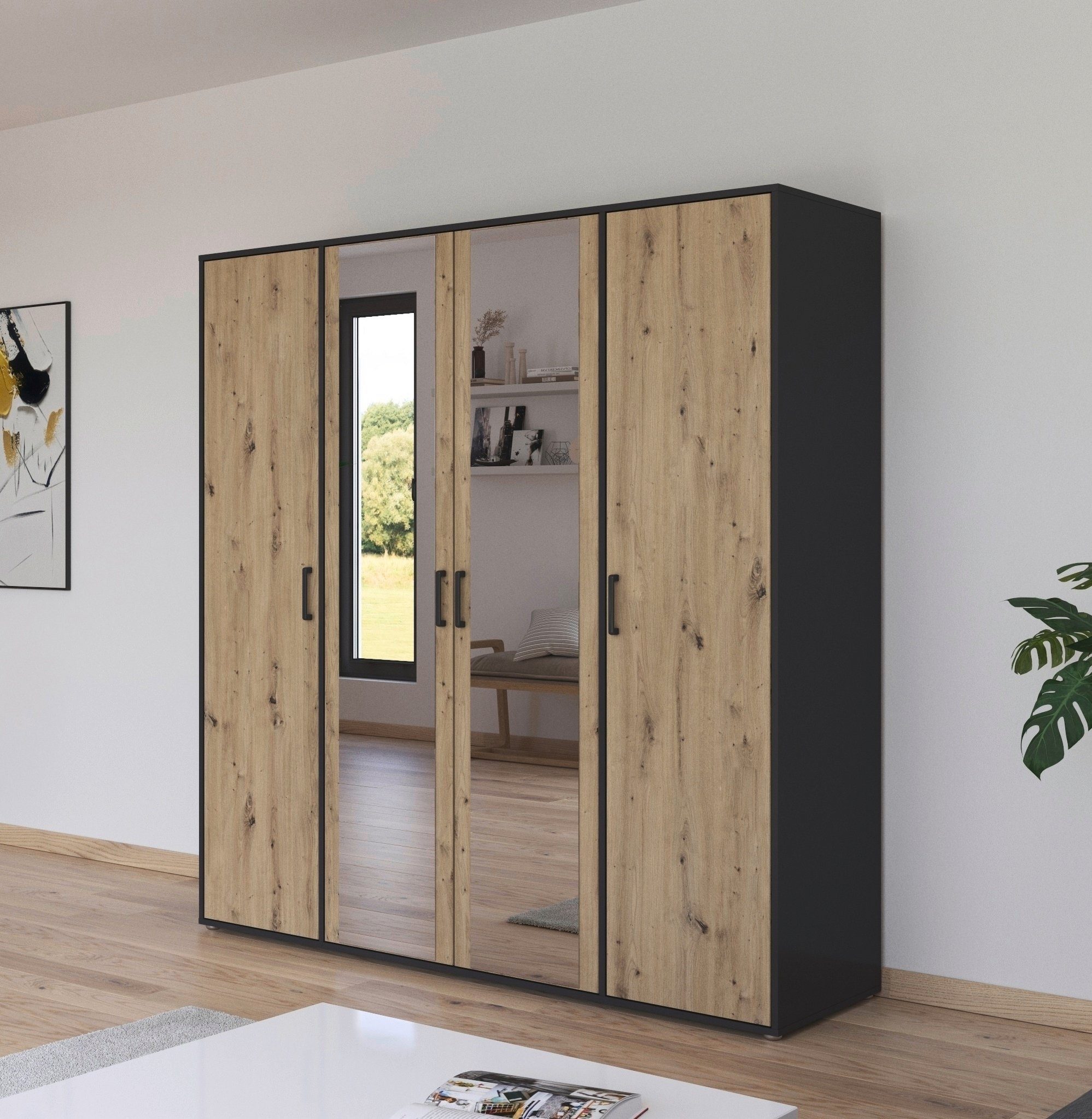 rauch Draaideurkast Voyager met moderne grepen in grijs-metallic en spiegel