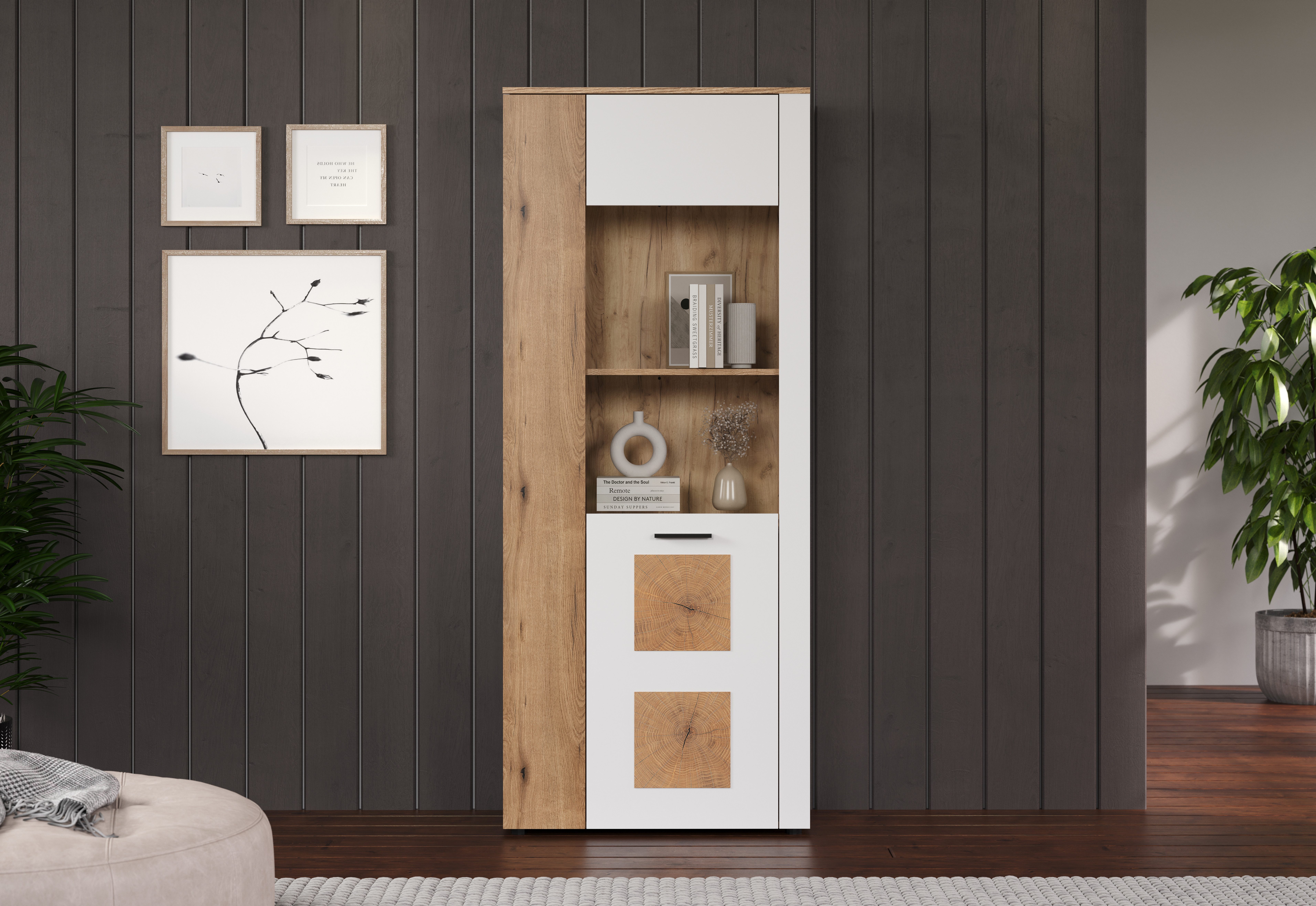 INOSIGN Staande vitrinekast Linz Woonkamer vitrine in wit/eik met eindhout applicaties (1 stuk)