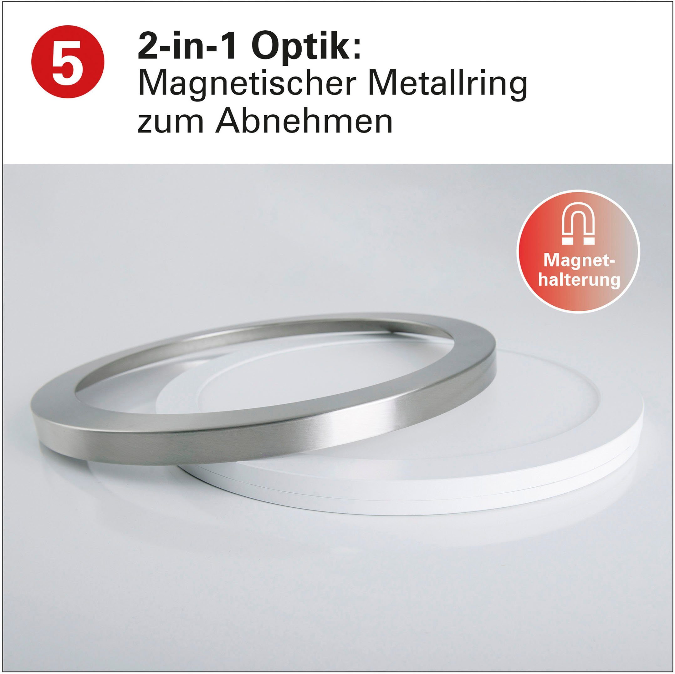 näve Led-plafondlamp Bonus 3 lichtkleuren, 2-in-1-uitstraling, ring chroom magnetisch afneembaar (1 stuk)