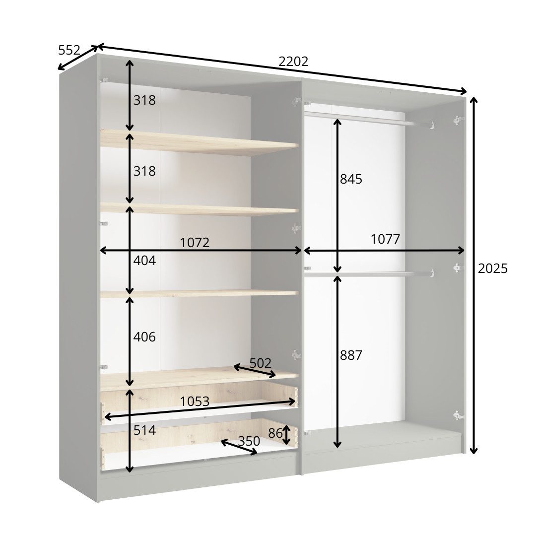 INOSIGN Kledingkast Loreto met lades en spiegel, B/D/H 220/54/202 cm