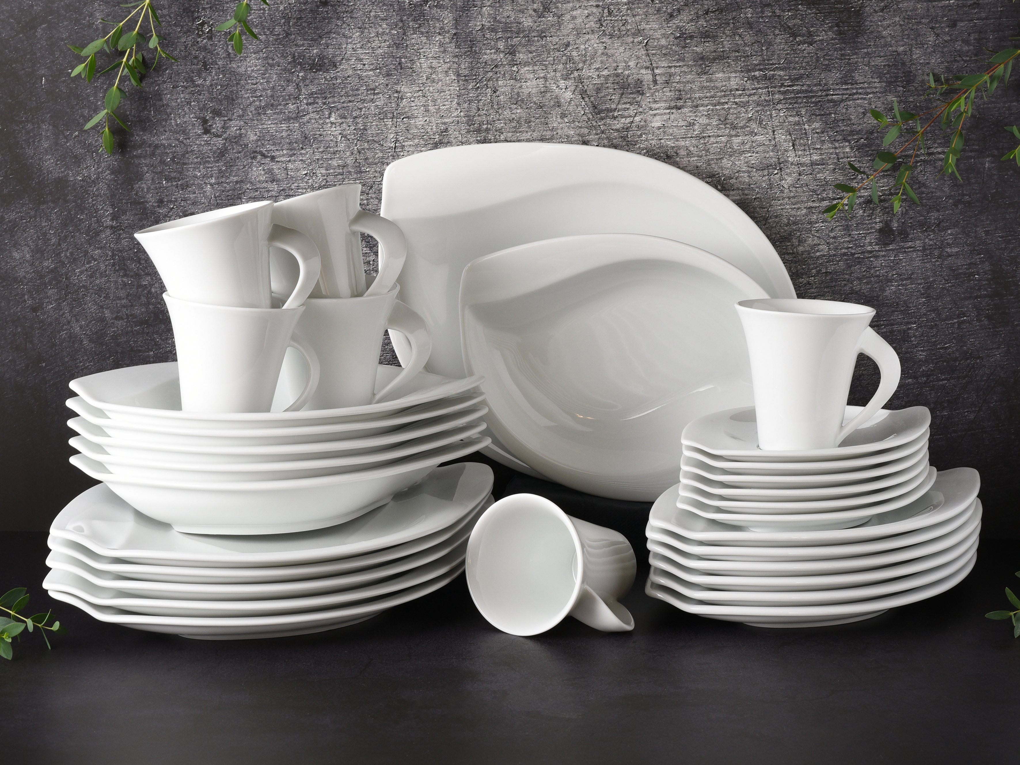 CreaTable Combi-servies Servies-set ACACIA Servies, wit, opvallend model, 30 delen, voor 6 personen (set, 30-delig)