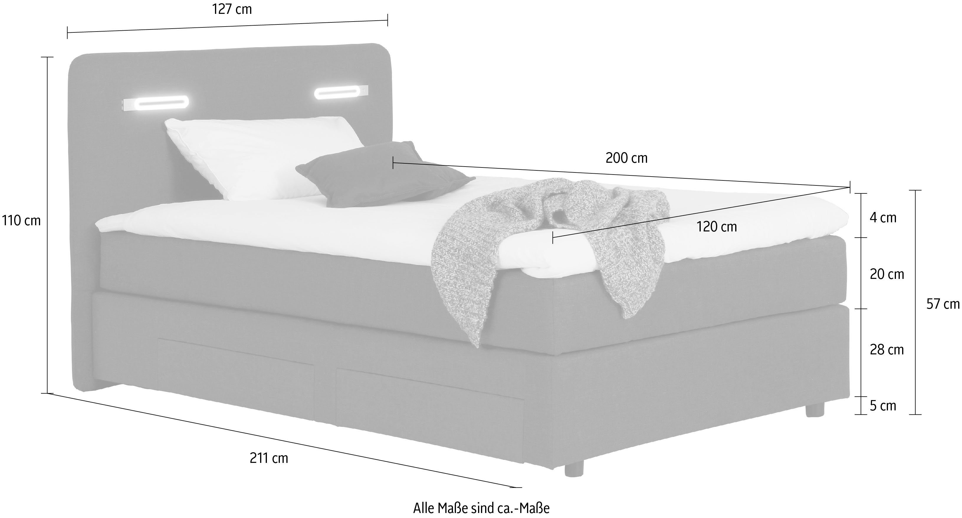 INOSIGN Boxspring Luan Laden, ledverlichting en topmatras, in breedte 120 cm en 180 cm