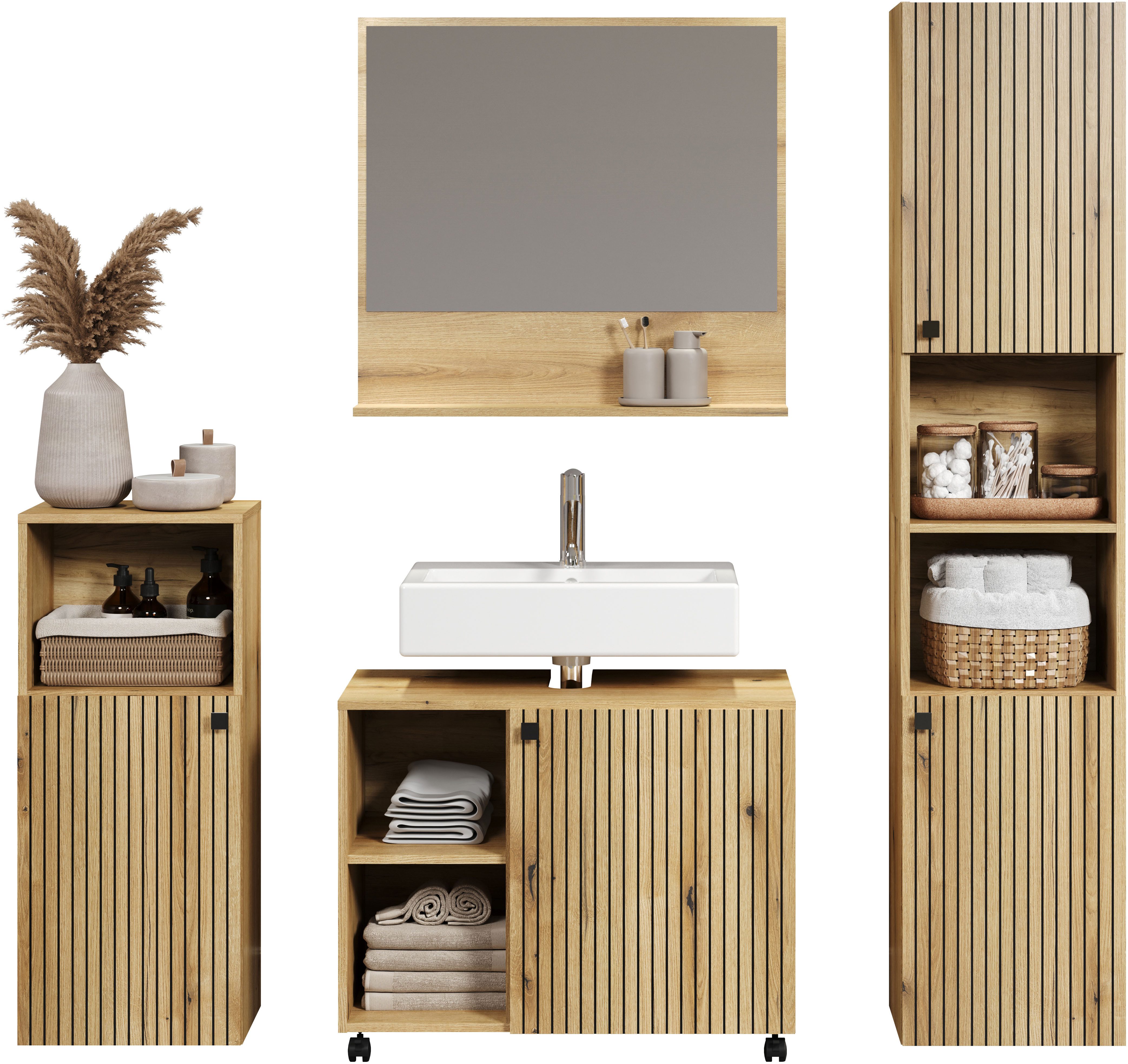 welltime Badmeubelset Amrum wastafelonderkast spiegel hoge kast badkamerkast Badkamermeubels met groeflook - Wasbakonderkast op wielen (complete set, 4 stuks)