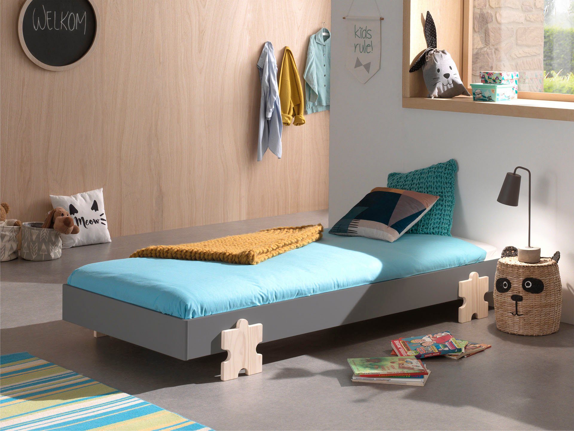 Vipack Kinderledikant Modulo Tienerbed, 1-persoons, stapelbed met poten in puzzel-look eenpersoonsbedden grijs
