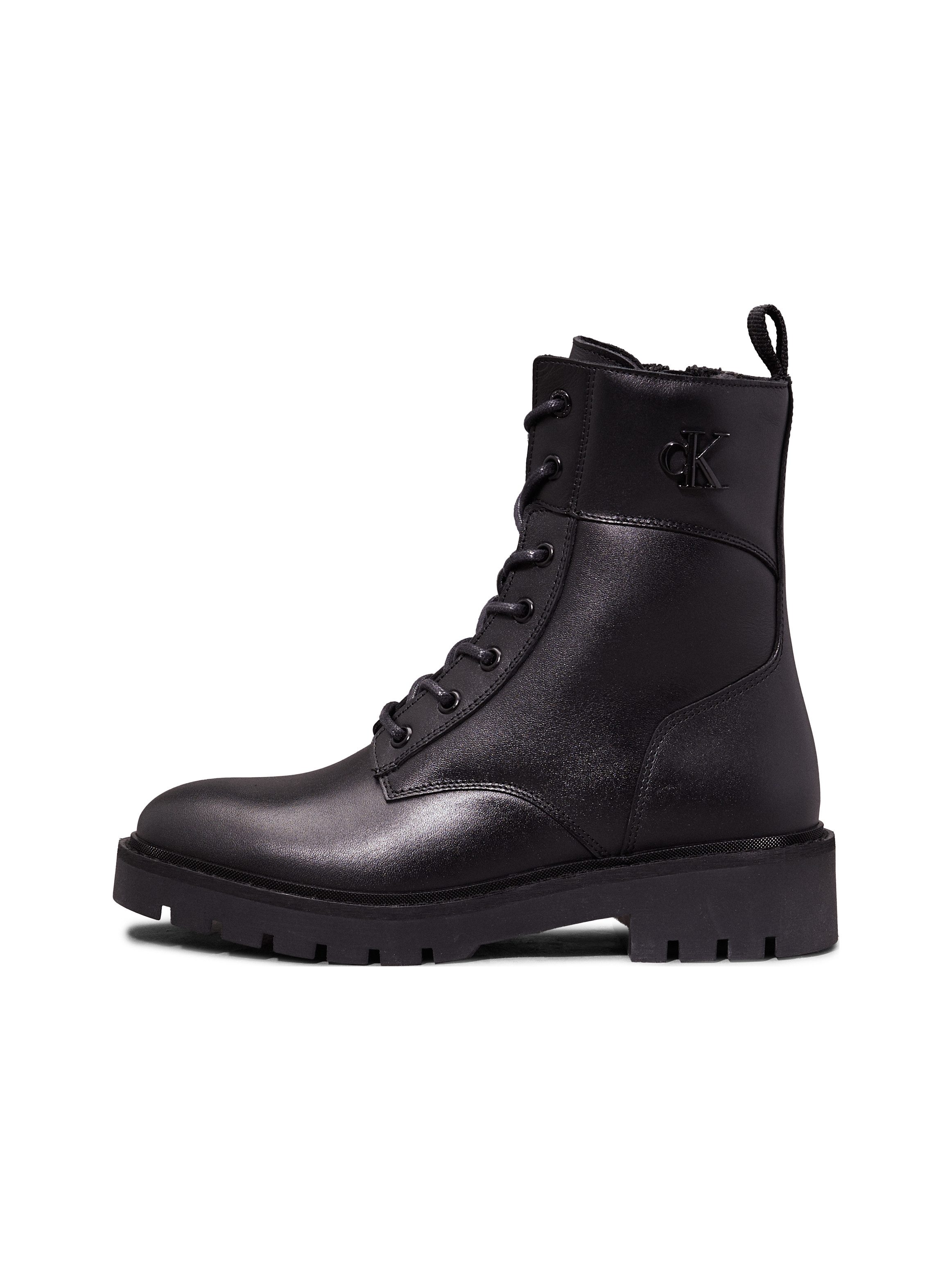 Calvin Klein Veterschoenen COMBAT BOOT MID ZIP LTH IN CALF blokhak, veterschoen, enkellaars met zij ck-sieraad