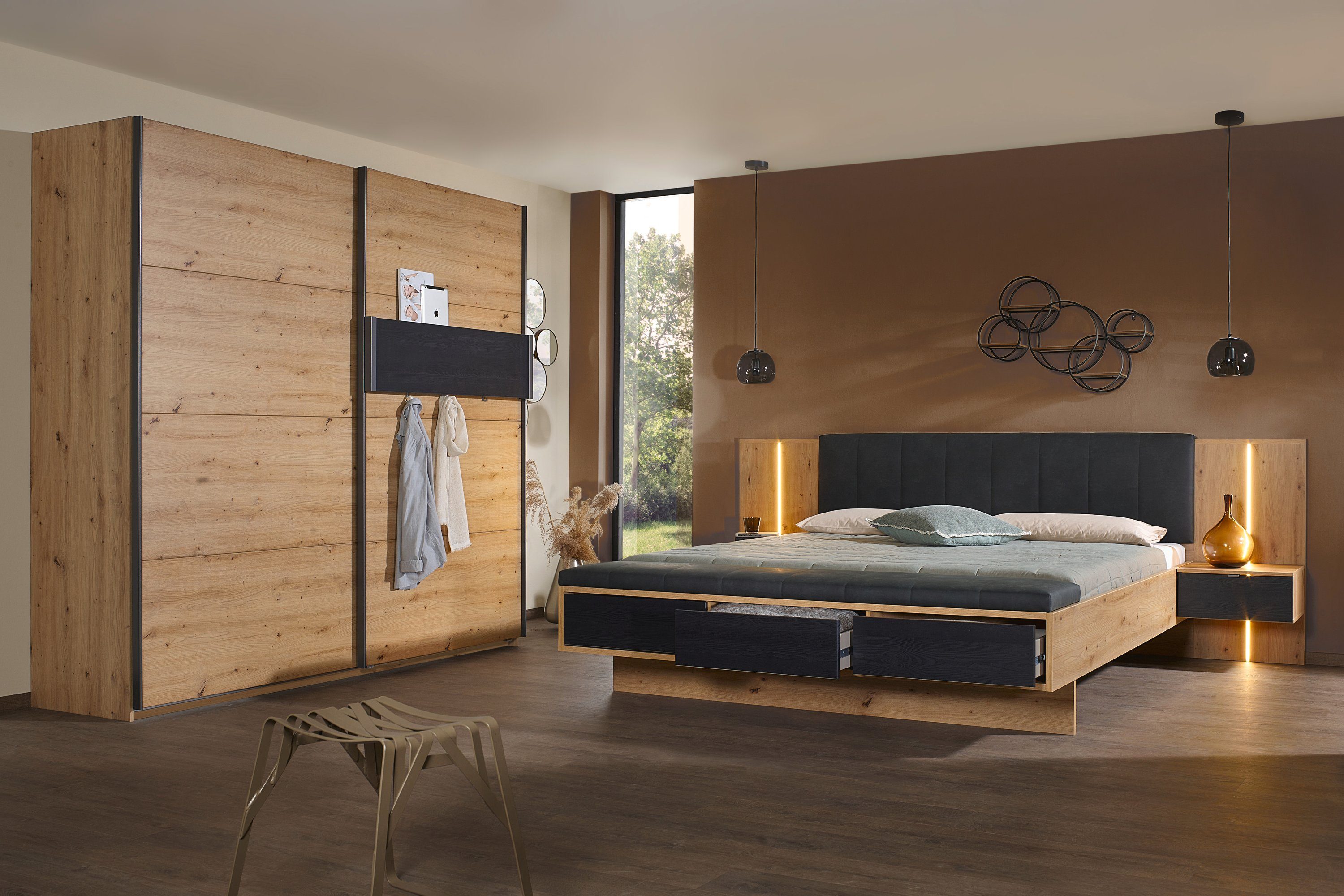 rauch Ledikant Bed Tweepersoons Futonbed APOLLON 2 hang-nachttafels, panelen met verlichting made in germany (set, 5-delig)