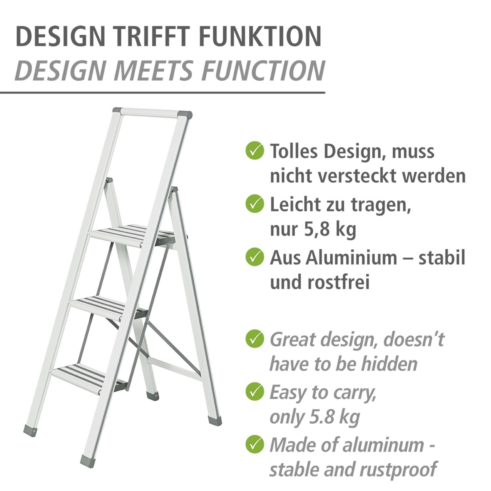 WENKO Huishoudtrapje Model Alu-Design Aluminium-design, XXL-treden, plat inklapbaar